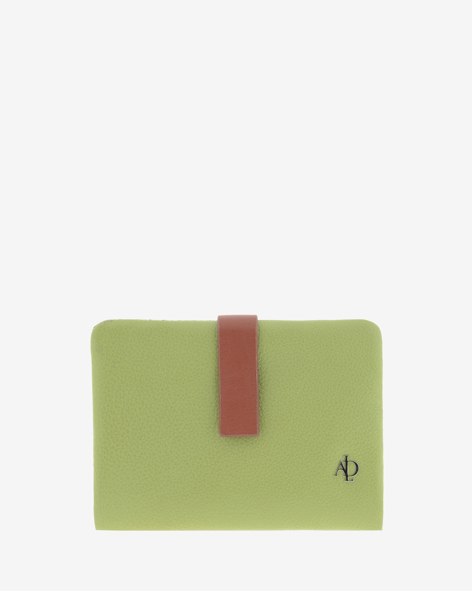 Cartera pequeña de mujer de piel verde con RFID, solapa fina frontal en contraste y logotipo Adapell 4249