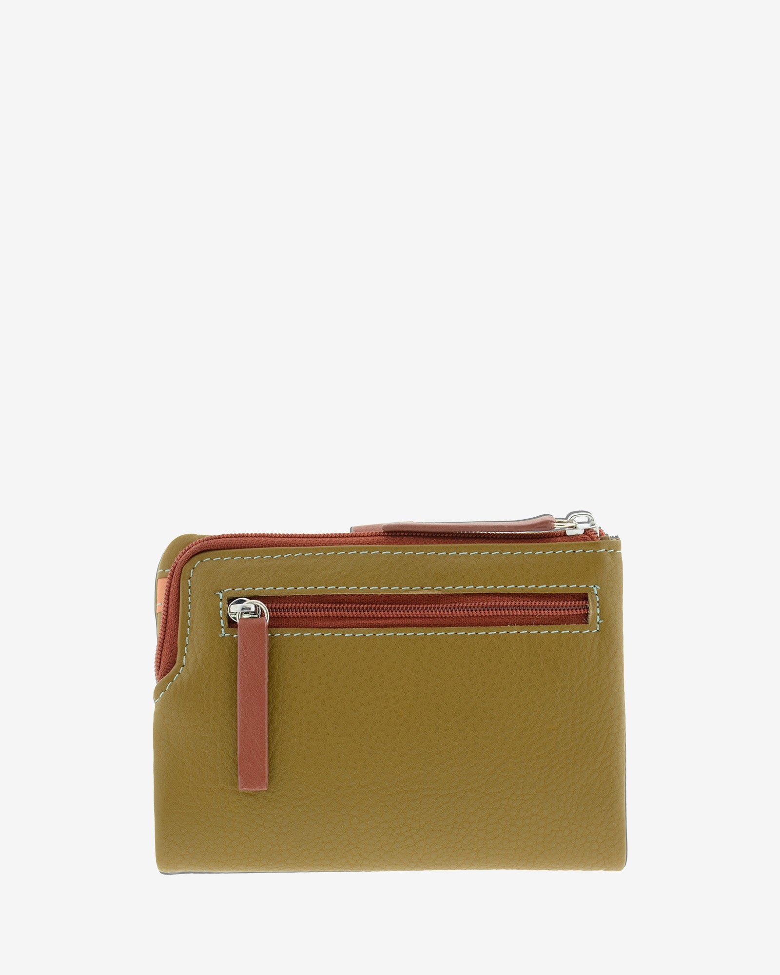 Cartera pequeña de piel marrón con monedero exterior de doble cremallera y tiradores en contraste 4249