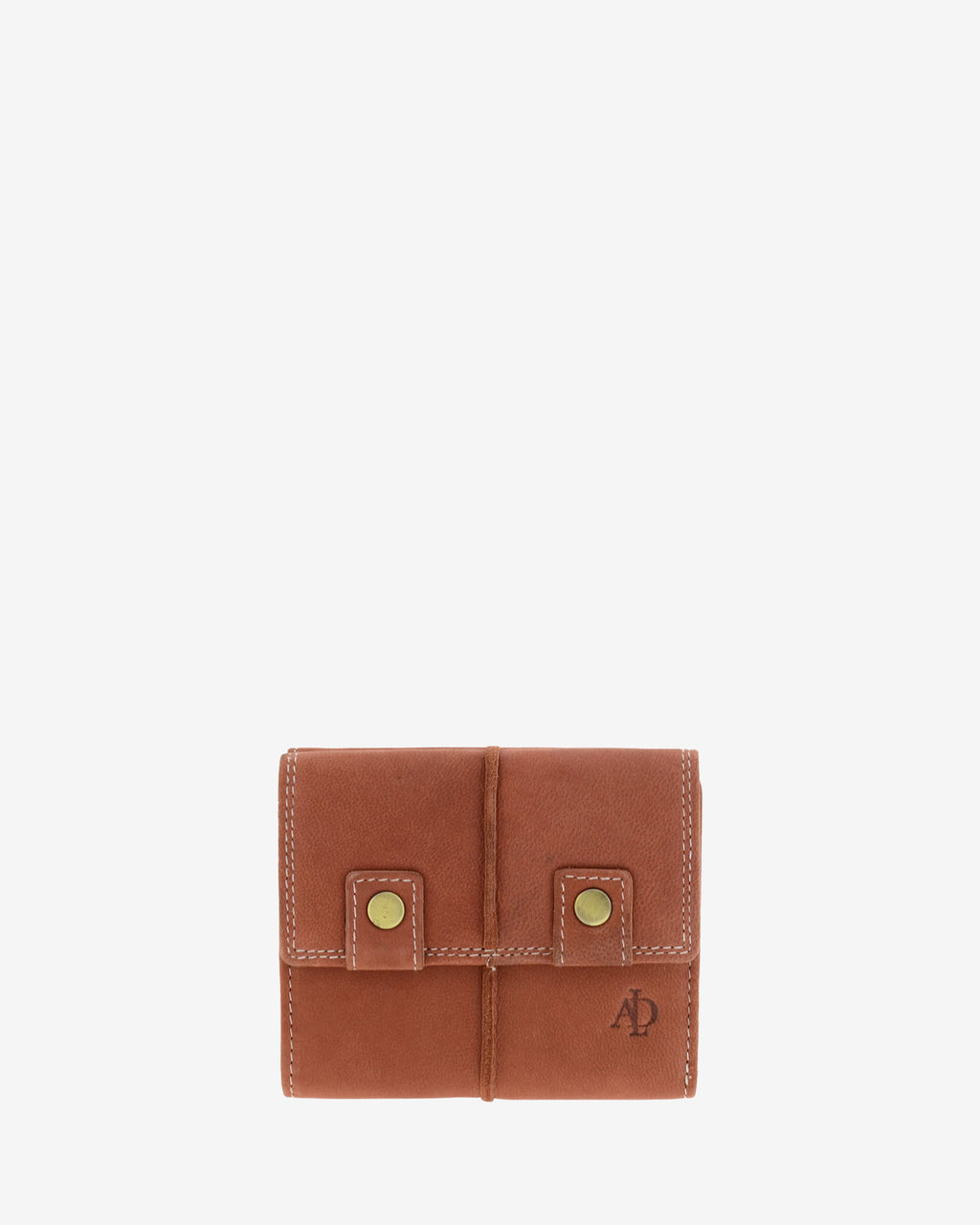 Cartera pequeña de piel de vacuno color teja con RFID, doble botón frontal, costuras visibles y logo Adapell, 4219-9.