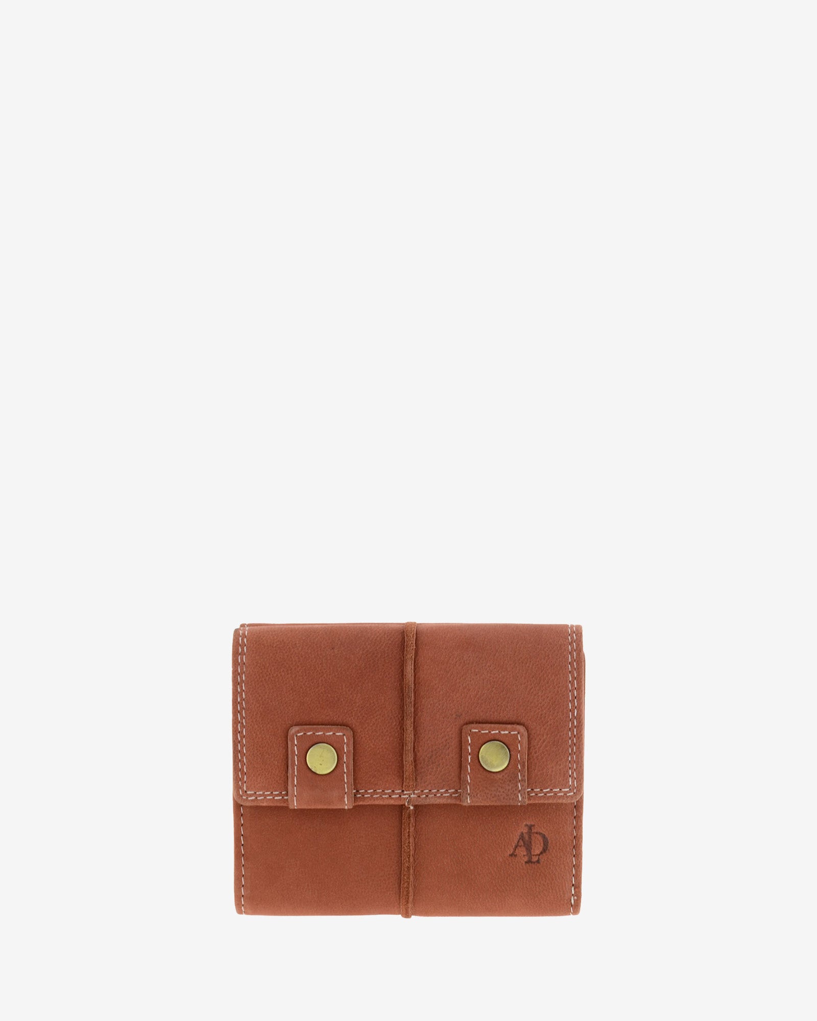 Cartera pequeña de piel de vacuno color teja con RFID, doble botón frontal, costuras visibles y logo Adapell, 4219-9.