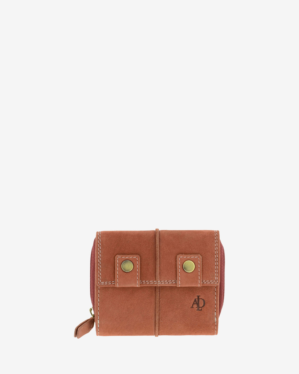 Cartera pequeña de piel de vacuno color teja con RFID, doble botón frontal, costuras visibles y logo Adapell, 4220-9.