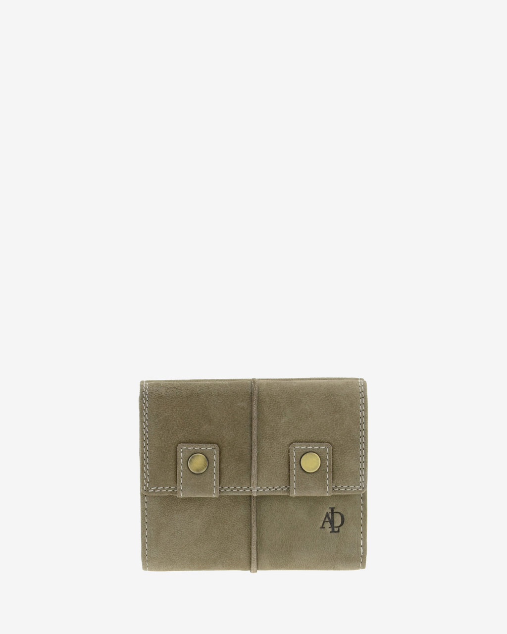 Cartera pequeña de piel de vacuno color topo con RFID, doble botón frontal, costuras visibles y logo Adapell, 4219-11.