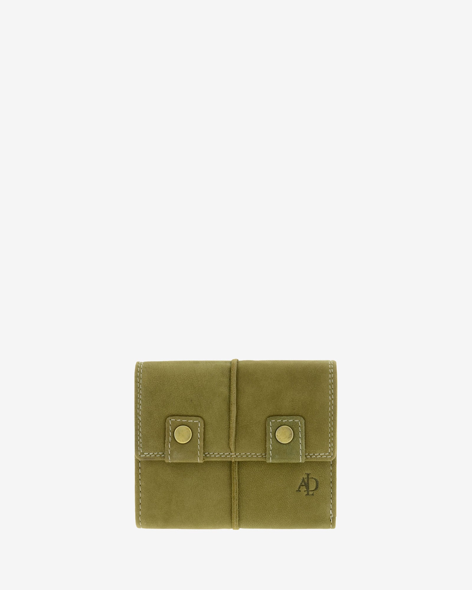Cartera pequeña de piel de vacuno verde oliva con RFID, doble botón frontal, costuras visibles y logo Adapell, 4219-5.
