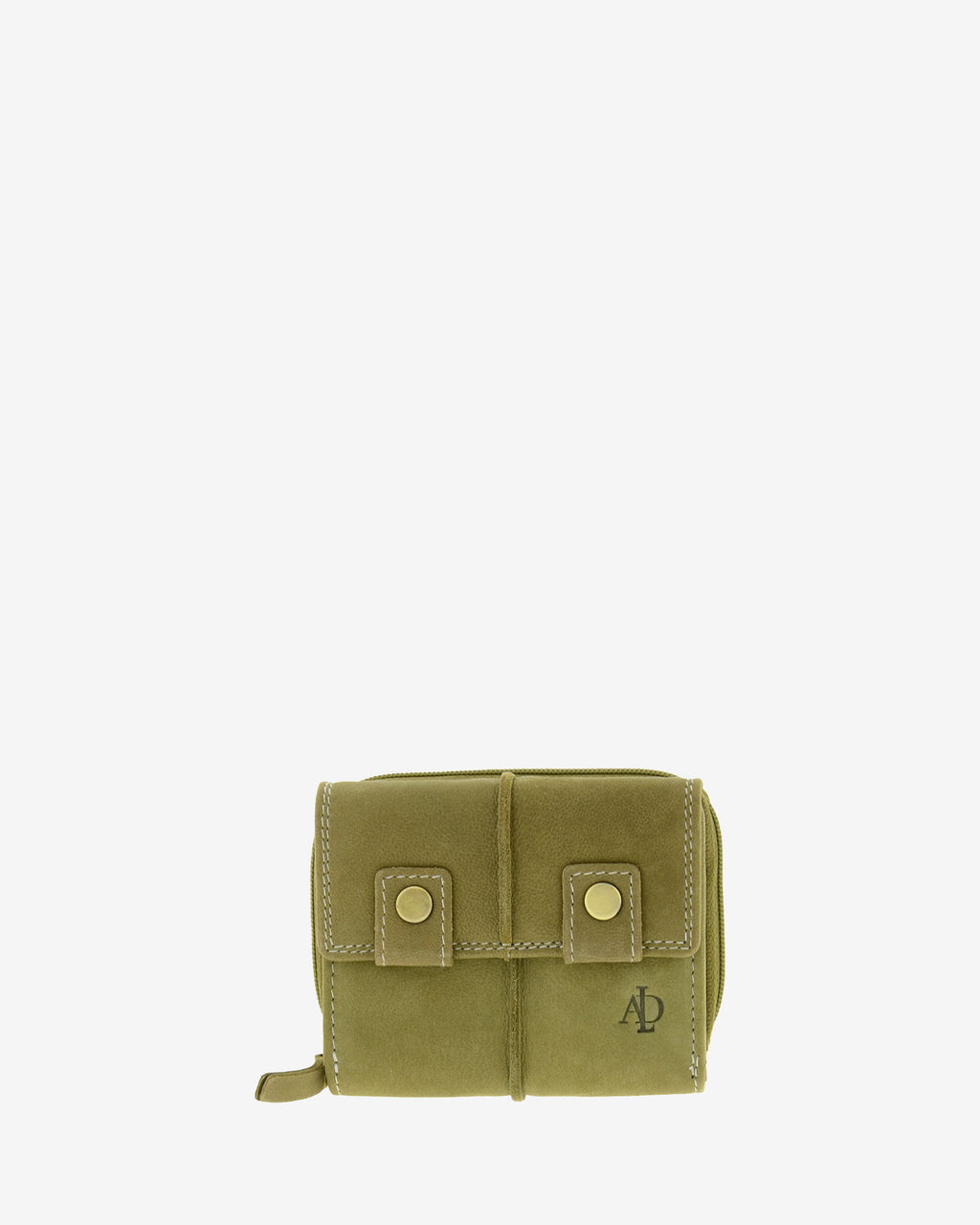 Cartera pequeña de piel de vacuno verde oliva con RFID, doble botón frontal, costuras visibles y logo Adapell, 4220-5.