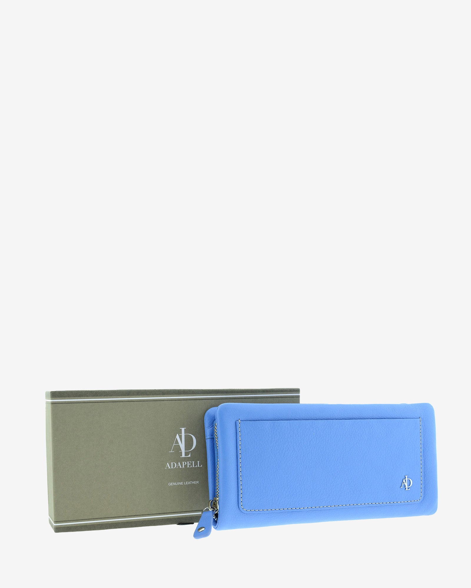 Cartera de piel napa azul junto a su caja, vista tres cuartos, 4225-14
