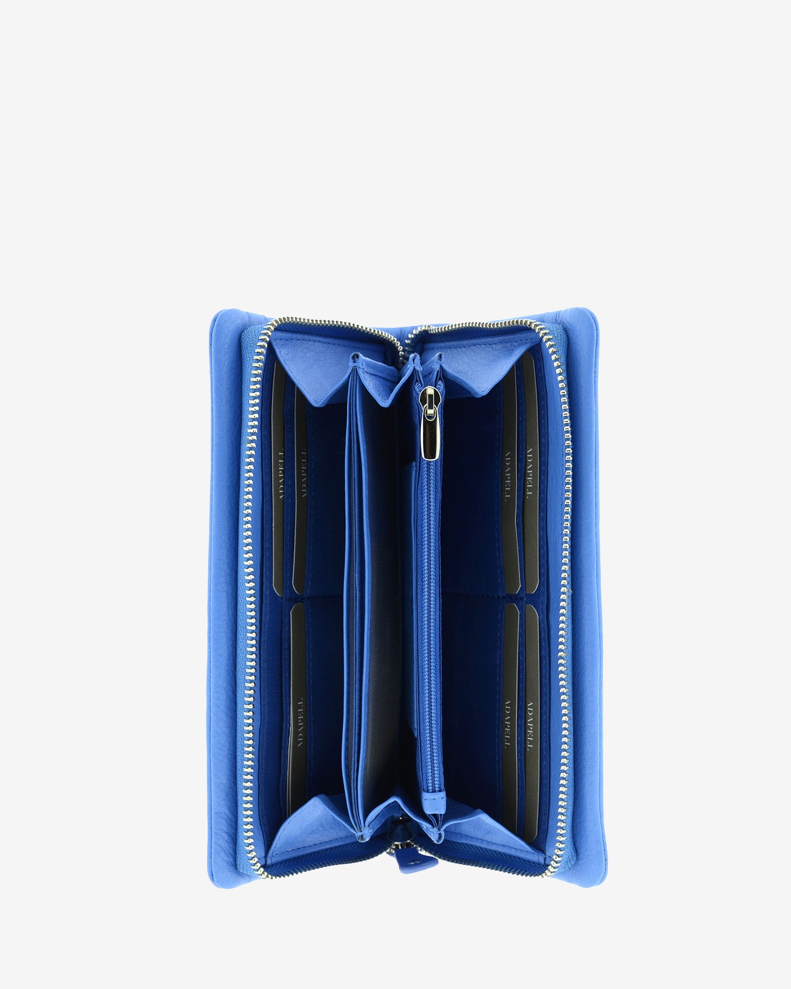 Cartera de piel napa azul abierta con ranuras para tarjetas y compartimento con cremallera, vista interior, 4225-14
