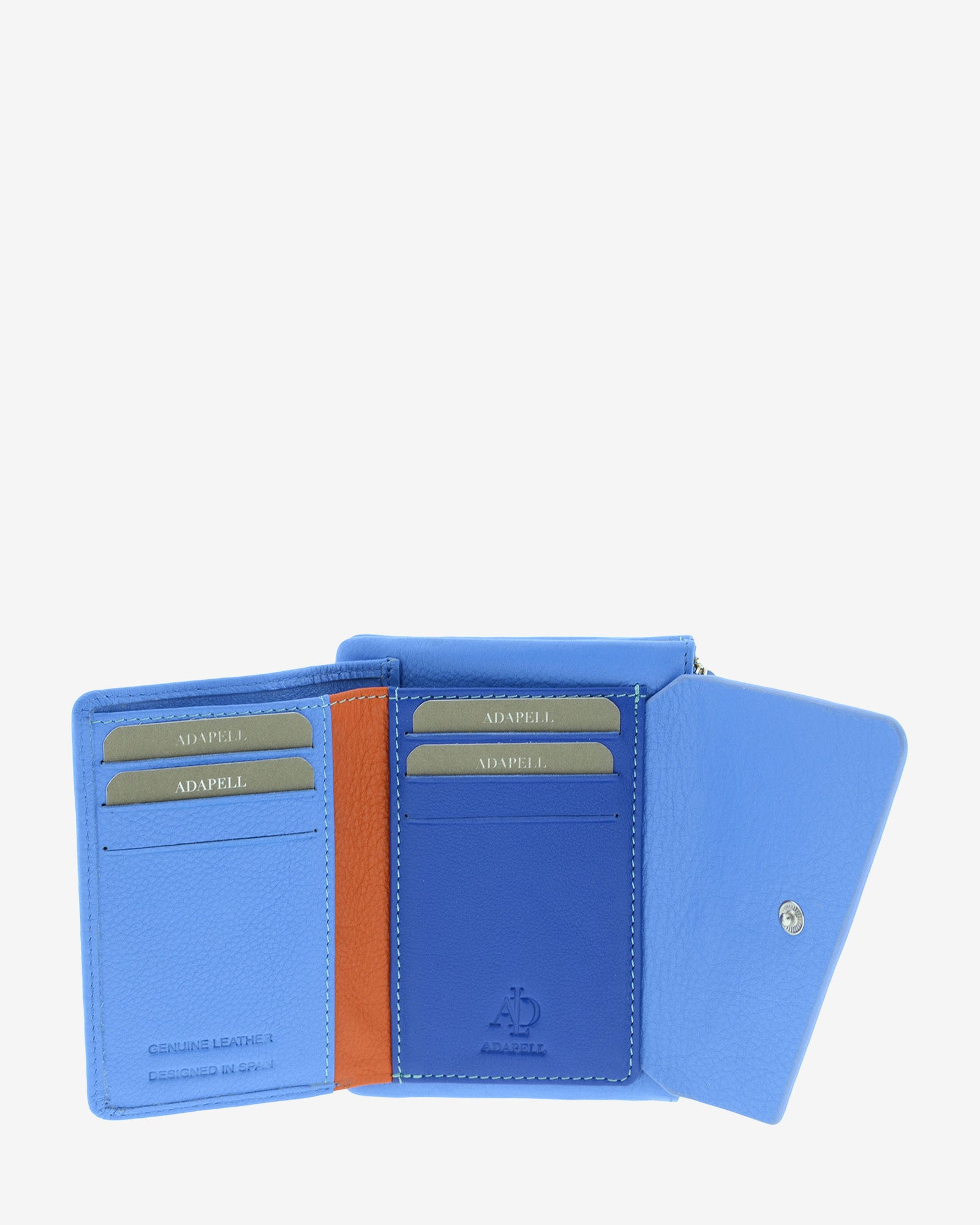 Cartera en piel napa azul abierta con 6 ranuras para tarjetas e interior a contraste, vista interior, 4227-14