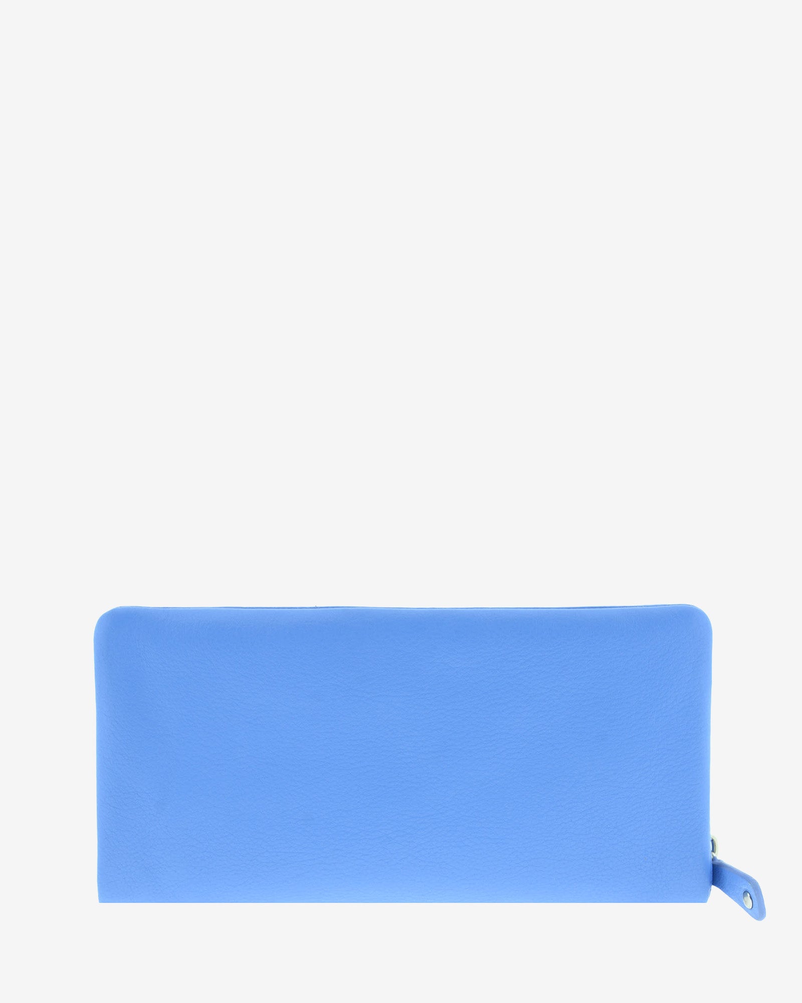 Cartera de piel napa azul con parte trasera lisa y cierre de cremallera, vista trasera, 4225-14