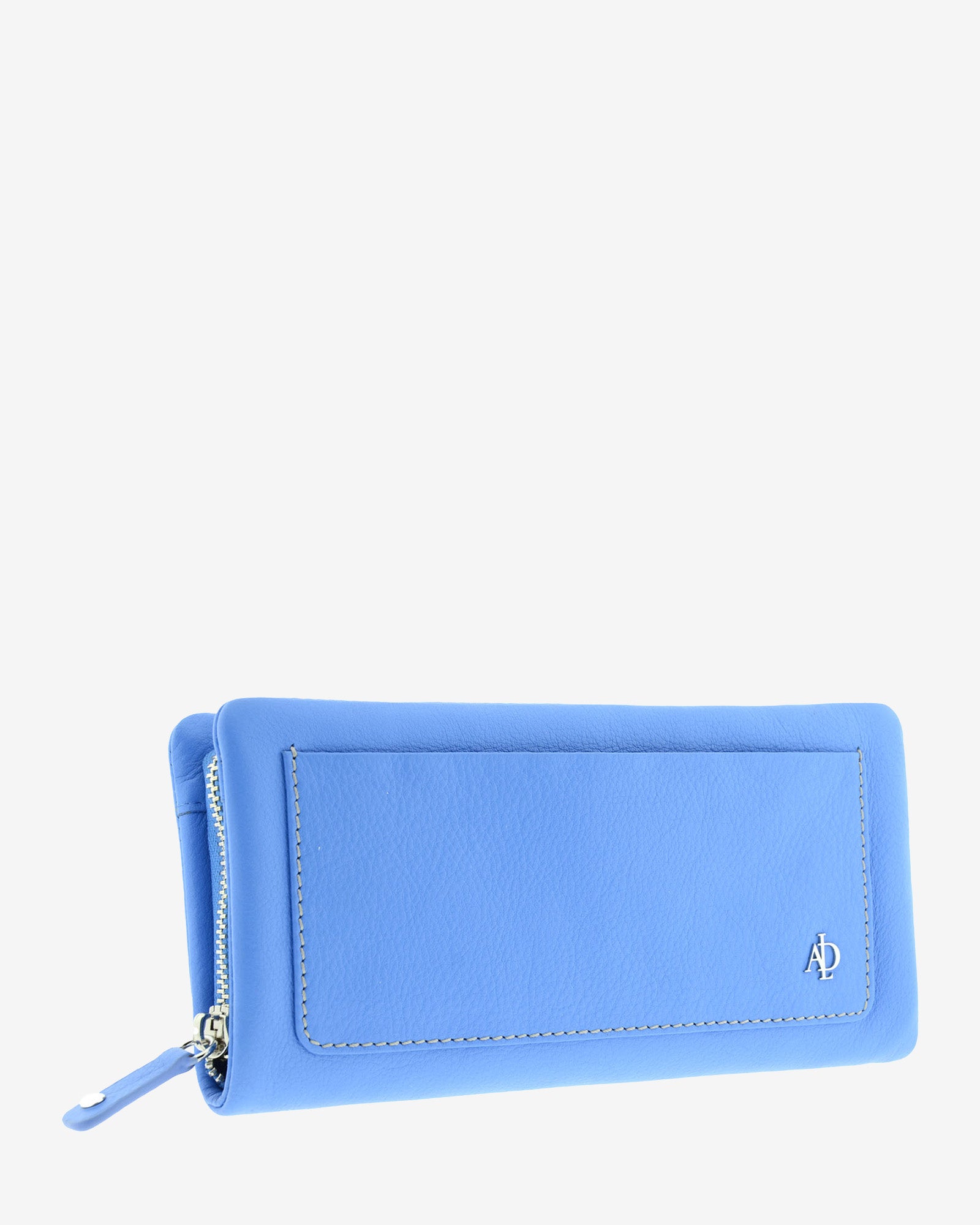 Cartera de piel napa azul para mujer con compartimento exterior, vista tres cuartos, Adapell 4225-14