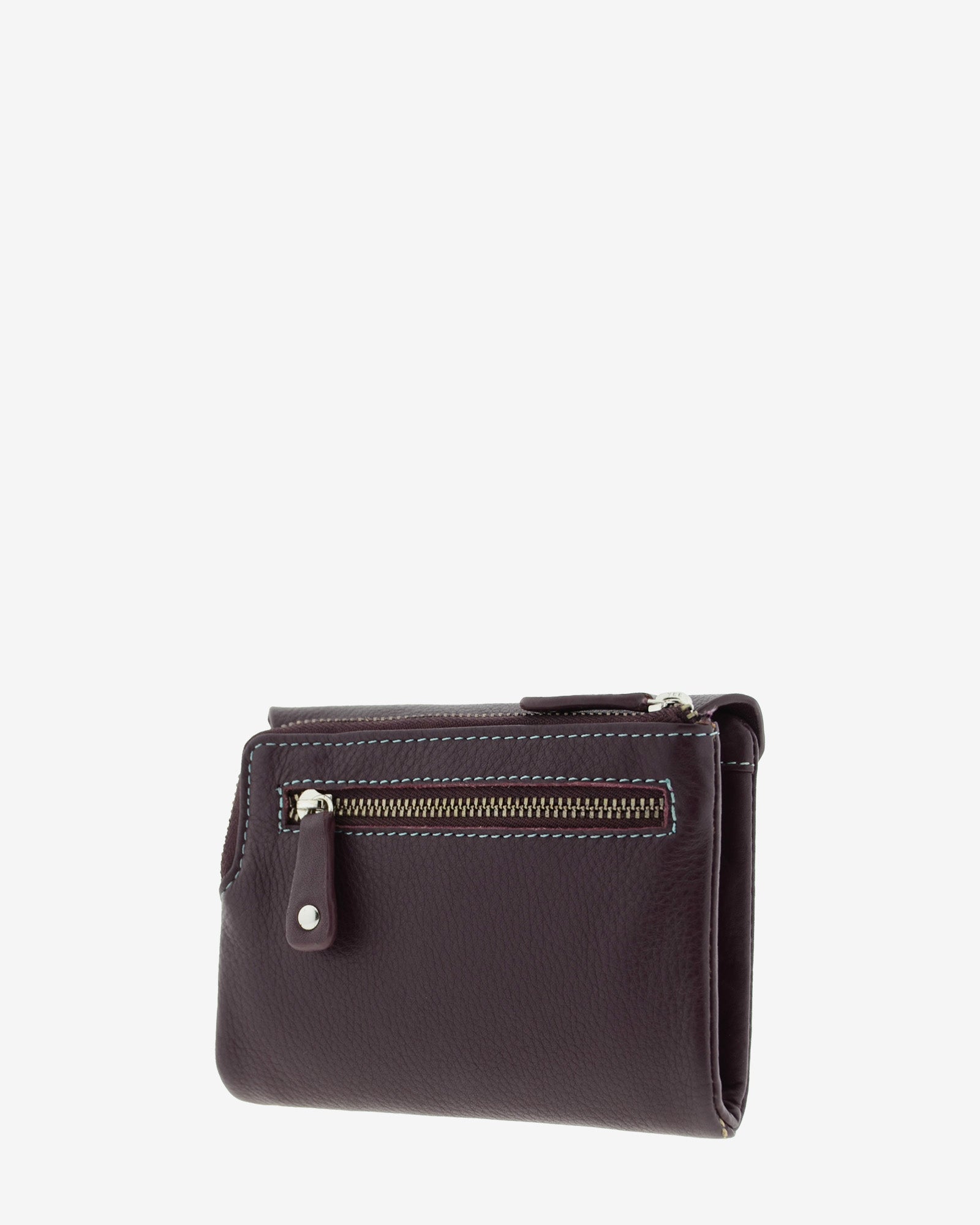 Cartera pequena de mujer en piel autentica con forma de sobre en color berenjena. Ref. 4236-19. Vista trasera