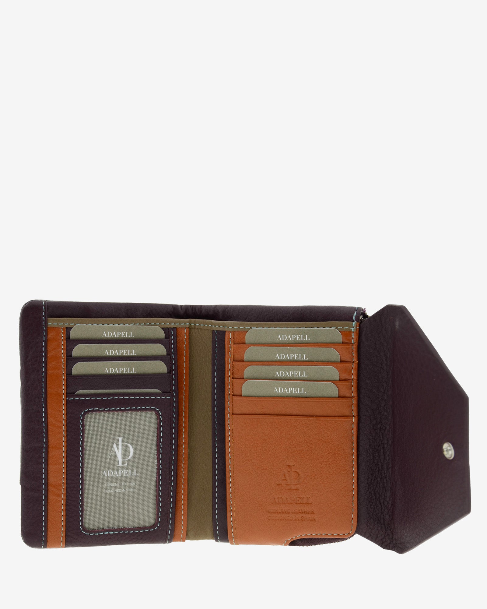 Cartera pequena de mujer en piel autentica con forma de sobre en color berenjena. Ref. 4236-19. Vista interior con compartimentos tarjetas y billetes