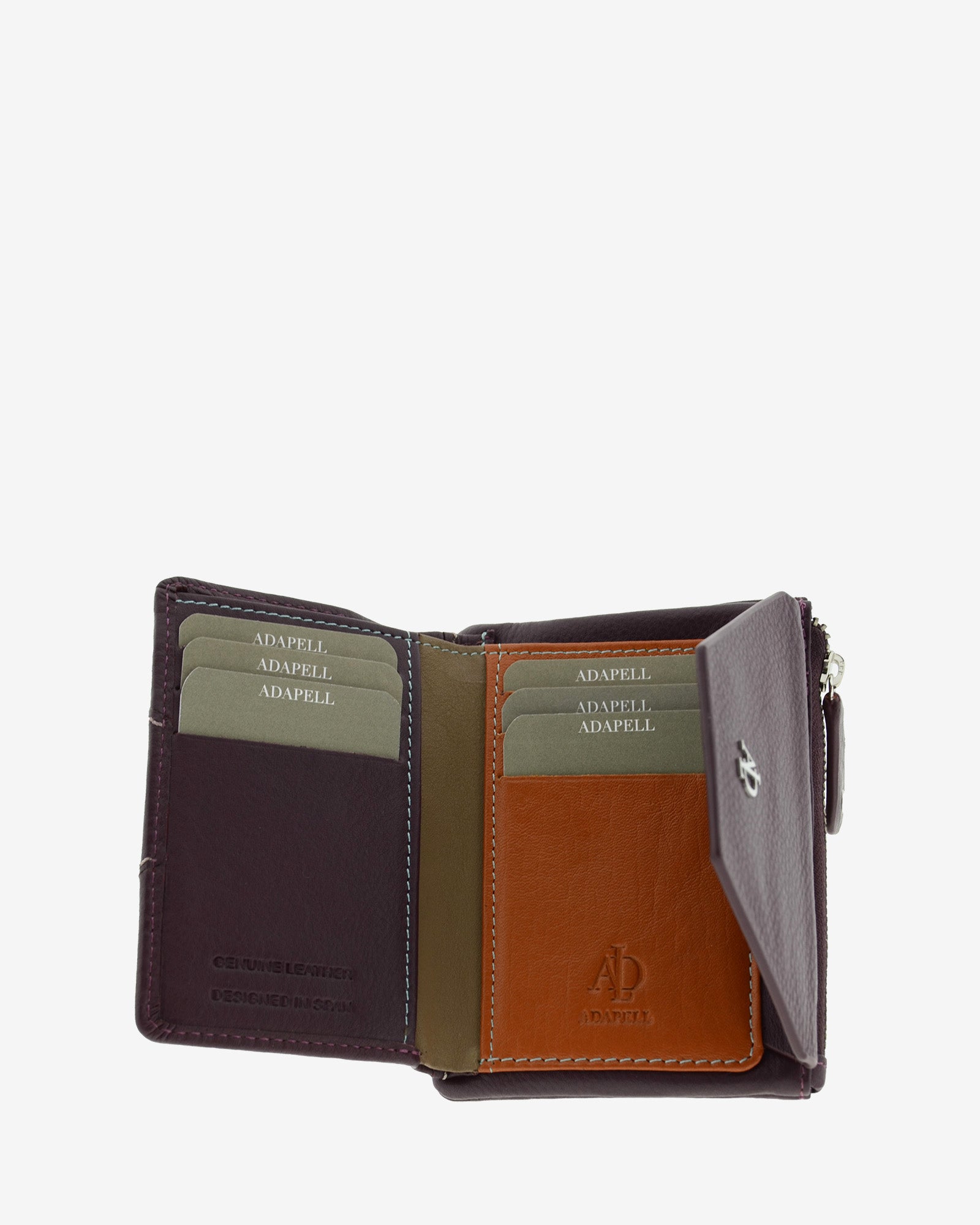 Cartera pequena de mujer en piel autentica con forma de sobre en color berenjena Ref. 4237-19. Vista interior multicolor con compartimentos billetes y tarjetas.
