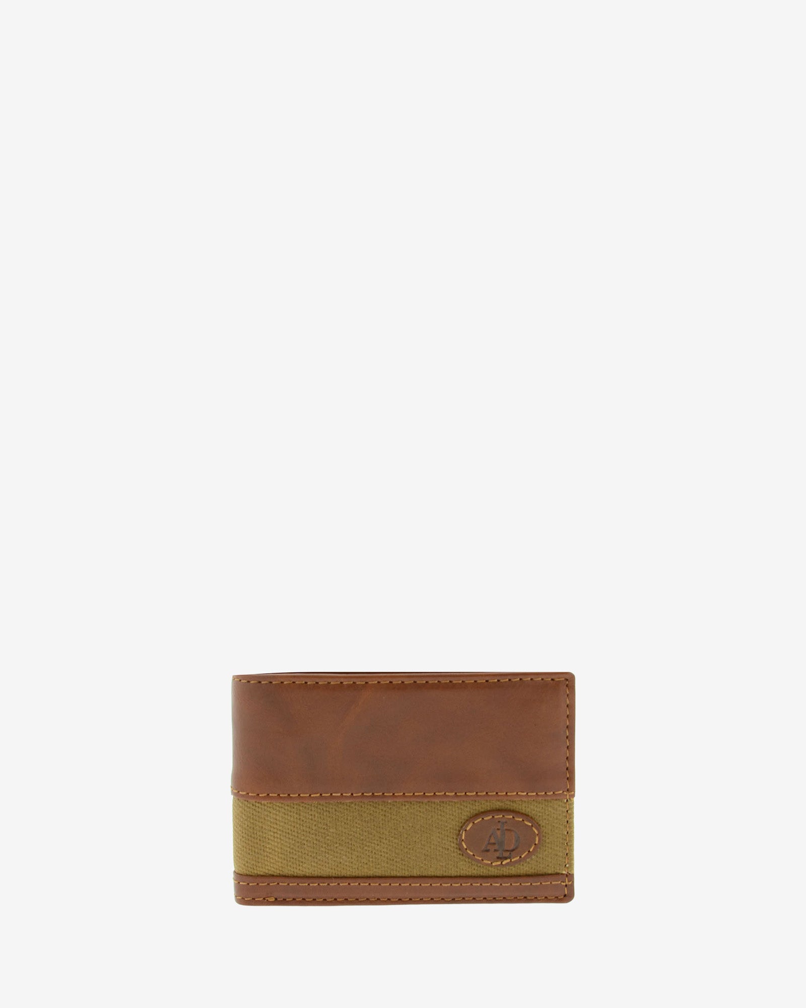 Cartera de piel cuero con franja de canvas y logo Adapell, vista frontal, referencia 1621