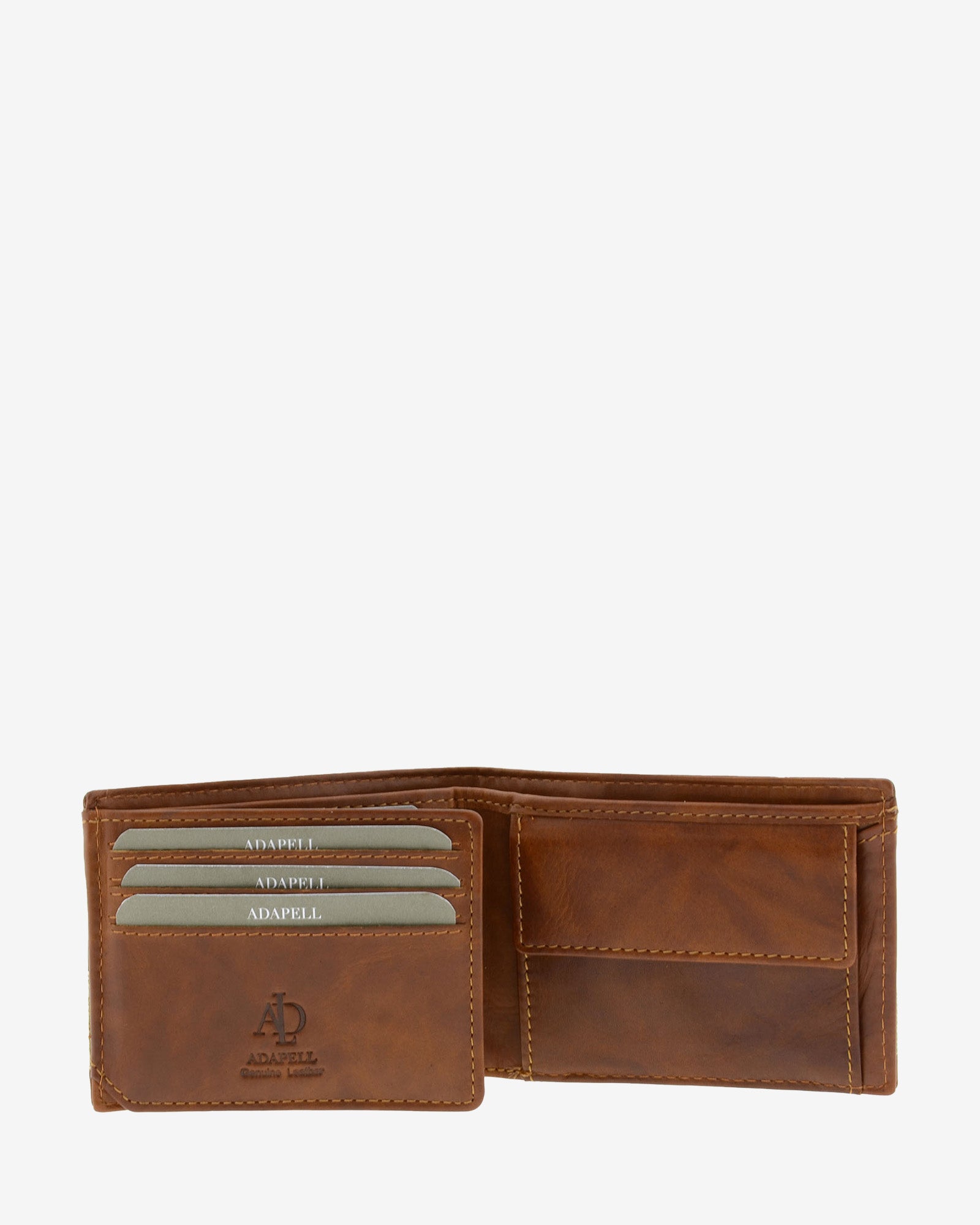 Cartera de piel cuero abierta mostrando ranuras para tarjetas y compartimentos interiores, referencia 1620