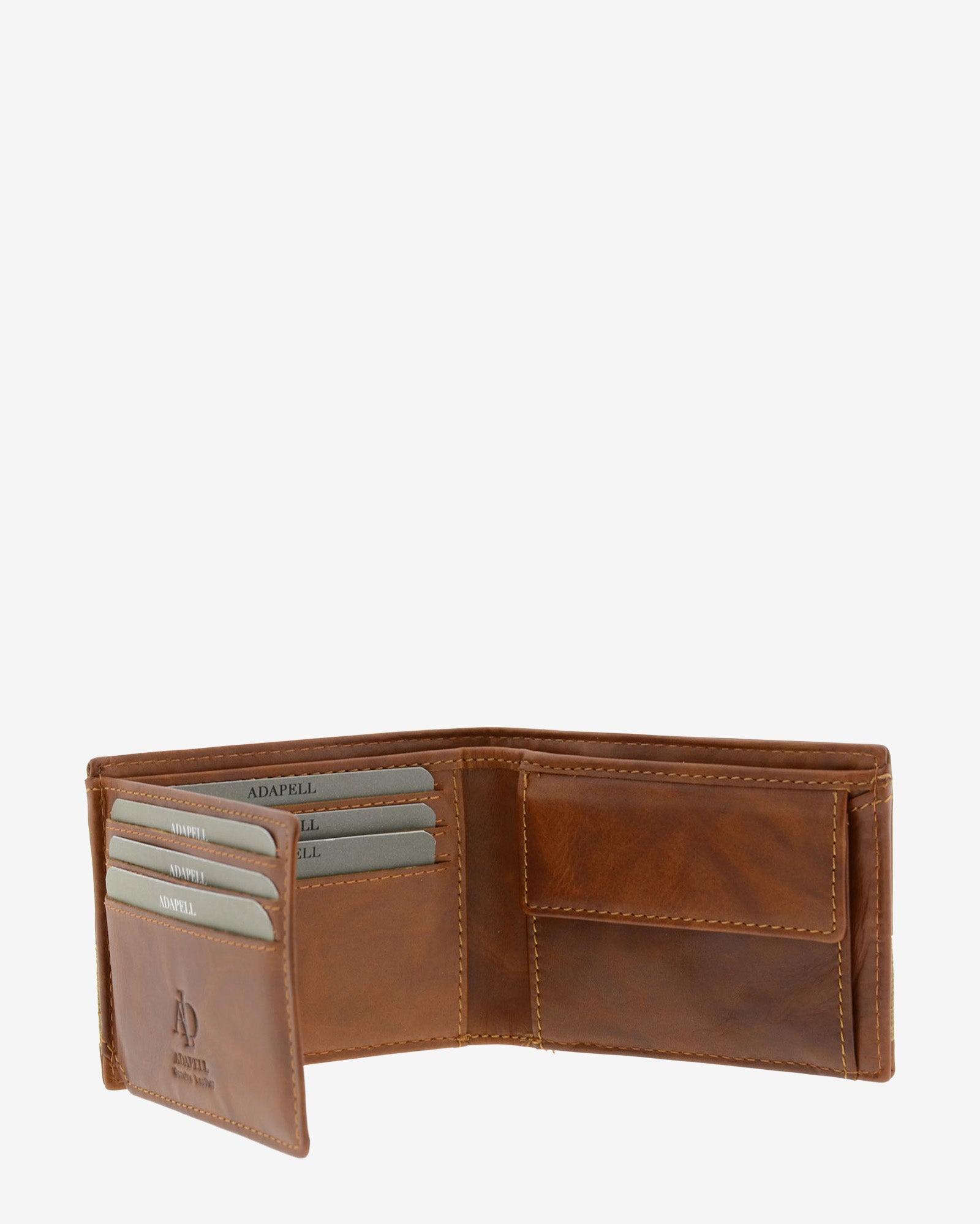 Cartera de piel cuero abierta en ángulo mostrando ranuras para tarjetas y monedero interior, referencia 1620