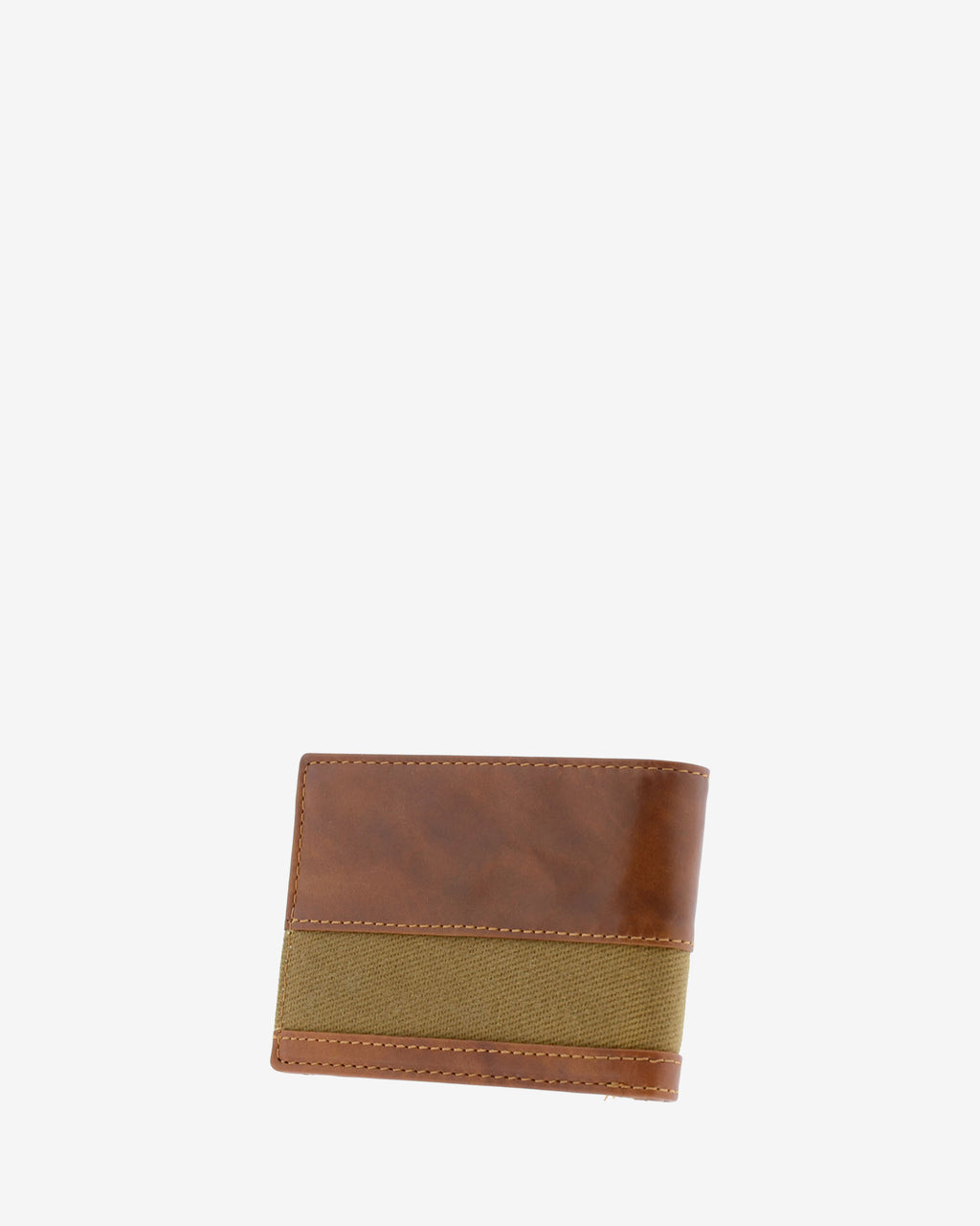 Cartera de piel cuero con franja de canvas, cerrada en ángulo, vista trasera, referencia 1620