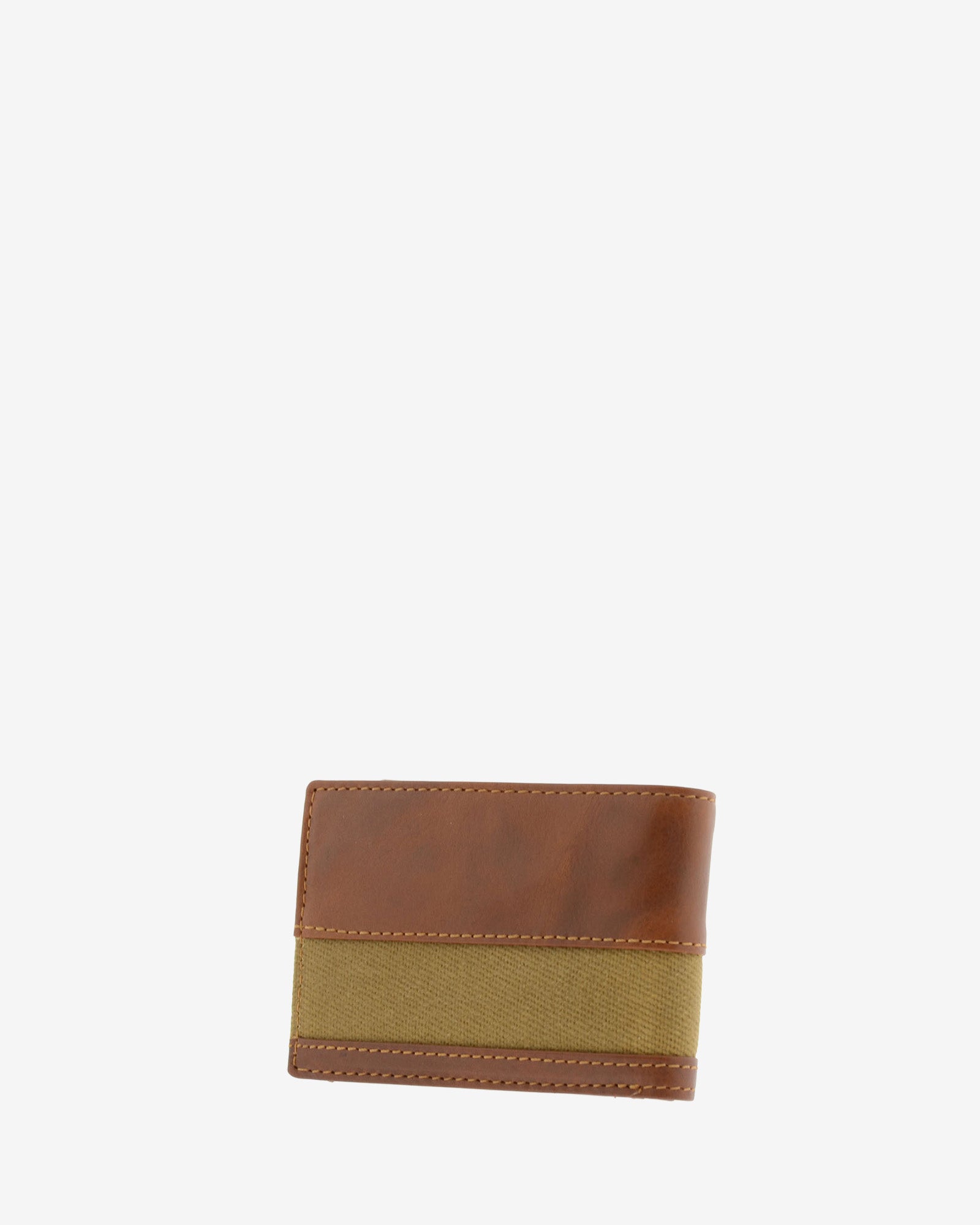 Cartera de piel cuero con franja de canvas, cerrada en ángulo, vista trasera, referencia 1621