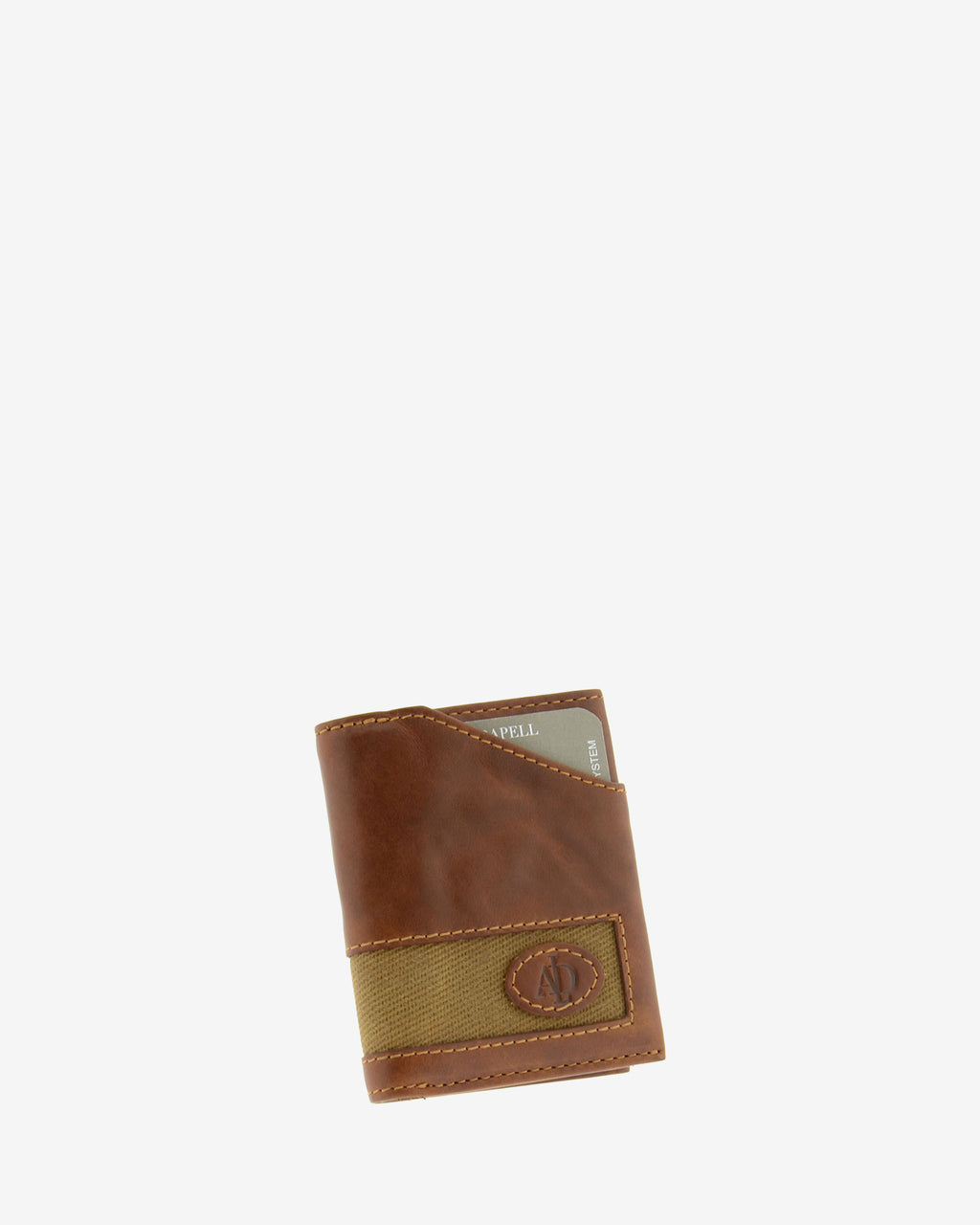 Cartera de piel cuero con franja de canvas y tarjeta visible, cerrada en ángulo, vista frontal, referencia 1622