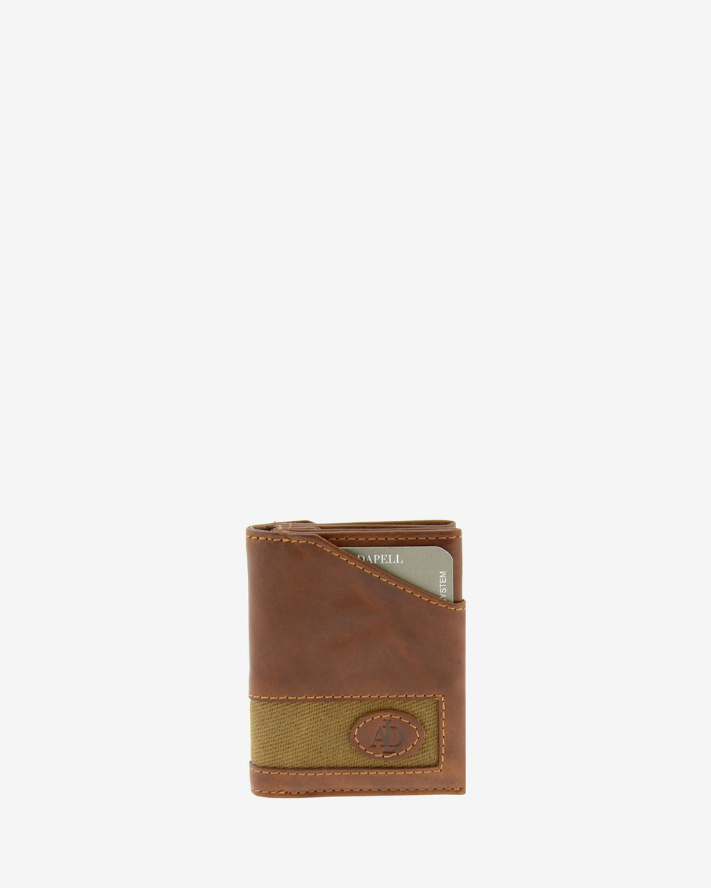 Cartera de piel cuero con franja de canvas y tarjeta visible en ventana RFID, vista frontal, referencia 1622