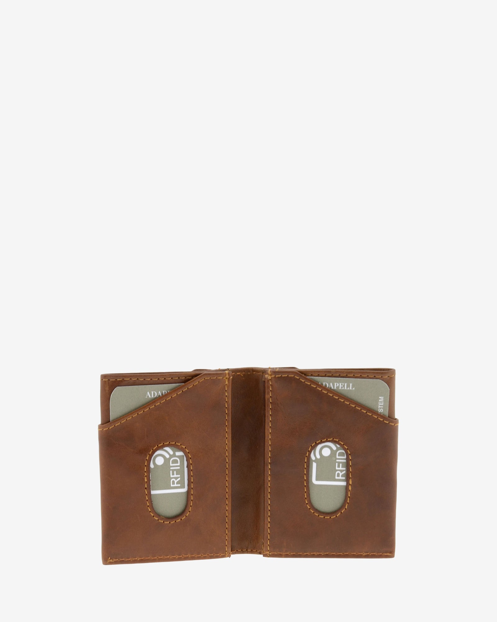 Cartera de piel cuero abierta mostrando los dos bolsillos con ventana RFID para tarjetas, referencia 1622