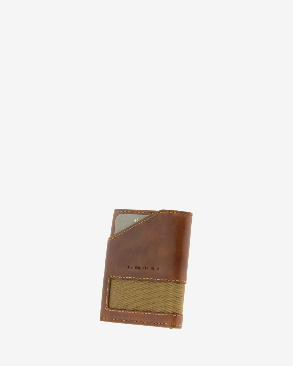 Cartera de piel cuero con franja de canvas, vista trasera con tarjeta visible en bolsillo exterior, referencia 1622