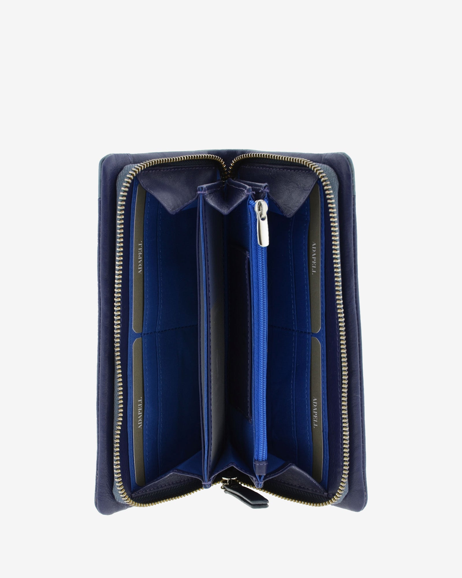 Interior de cartera de piel napa azul con ranuras y compartimento con cremallera, vista abierta 4211