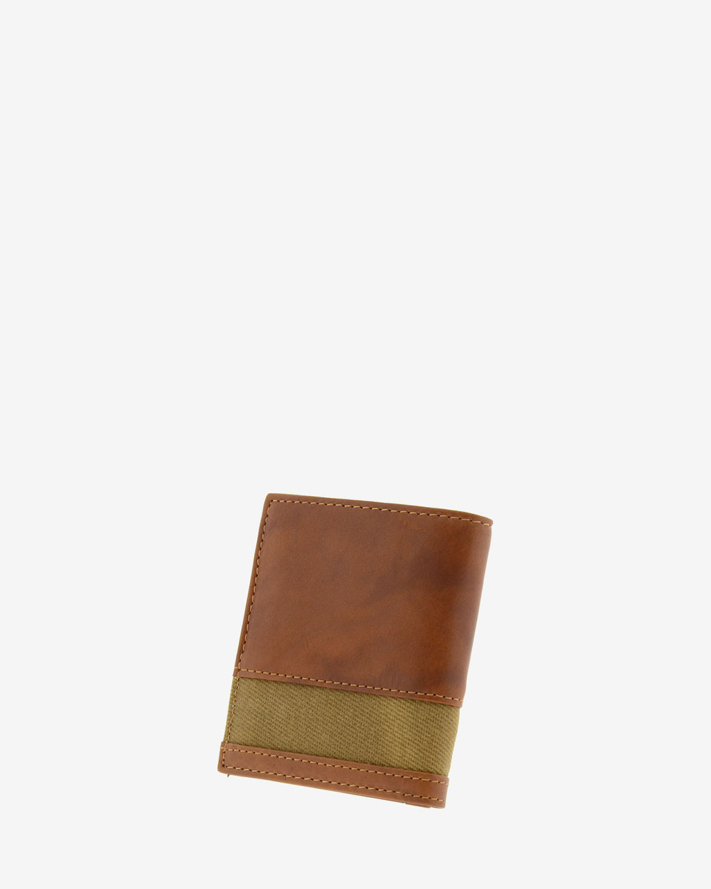 Cartera de piel lavada color cuero cerrada en angulo, vista trasera, con tira exterior en canvas, ref. 1617-6