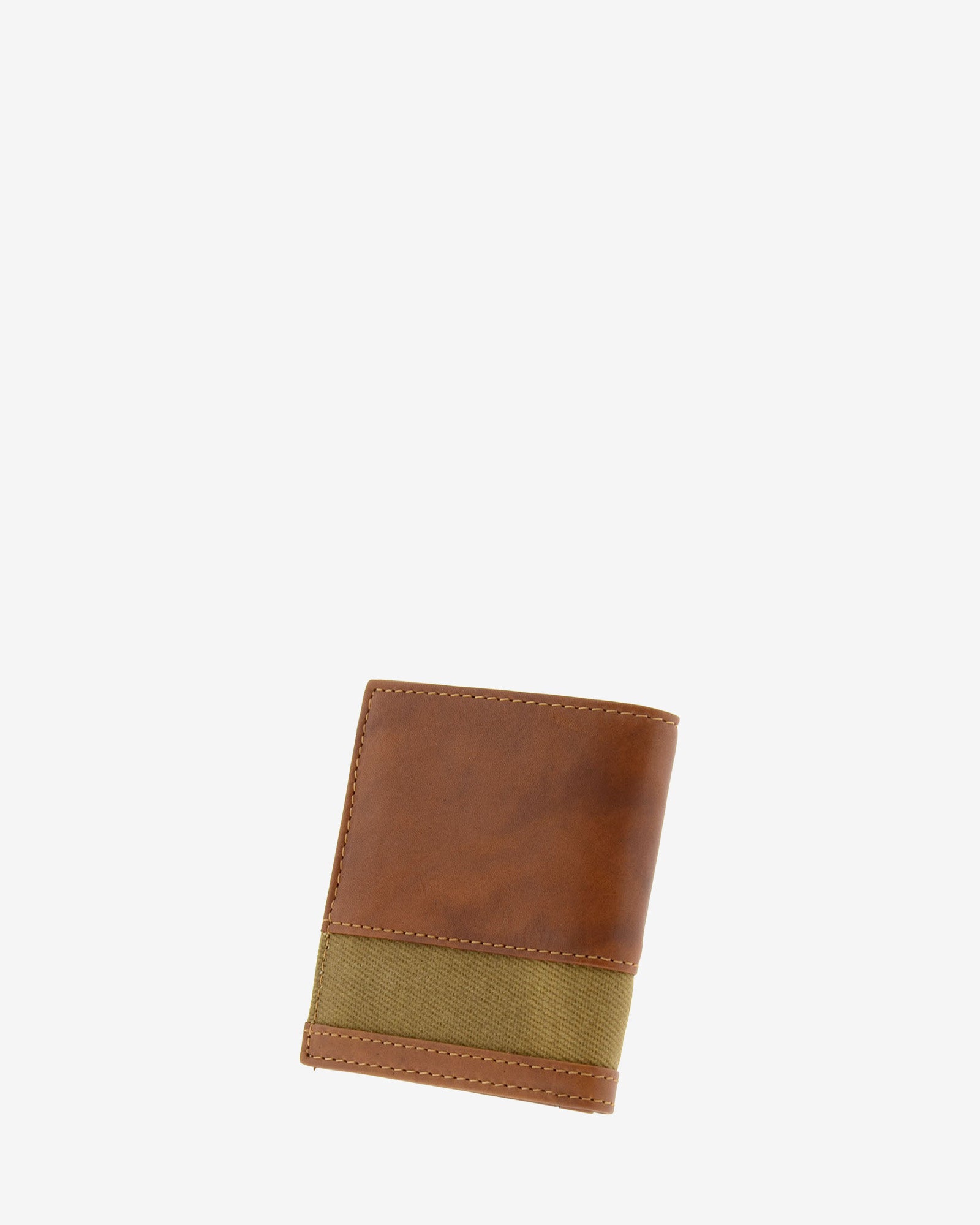 Cartera de piel lavada color cuero cerrada en angulo, vista trasera, con tira exterior en canvas, ref. 1617-6