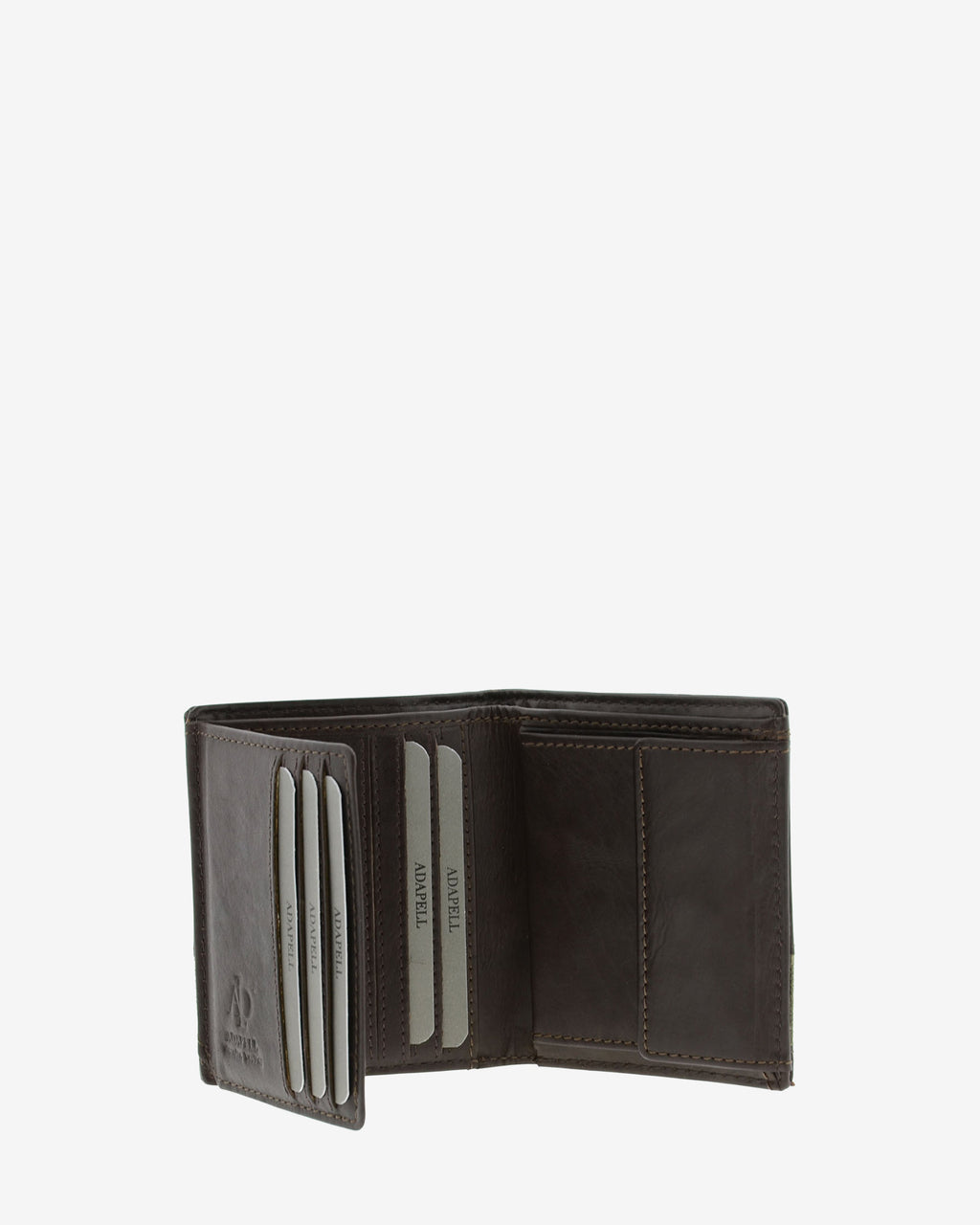 Cartera de piel lavada marron abierta en angulo mostrando 6 ranuras para tarjetas y monedero interior, ref. 1617-2
