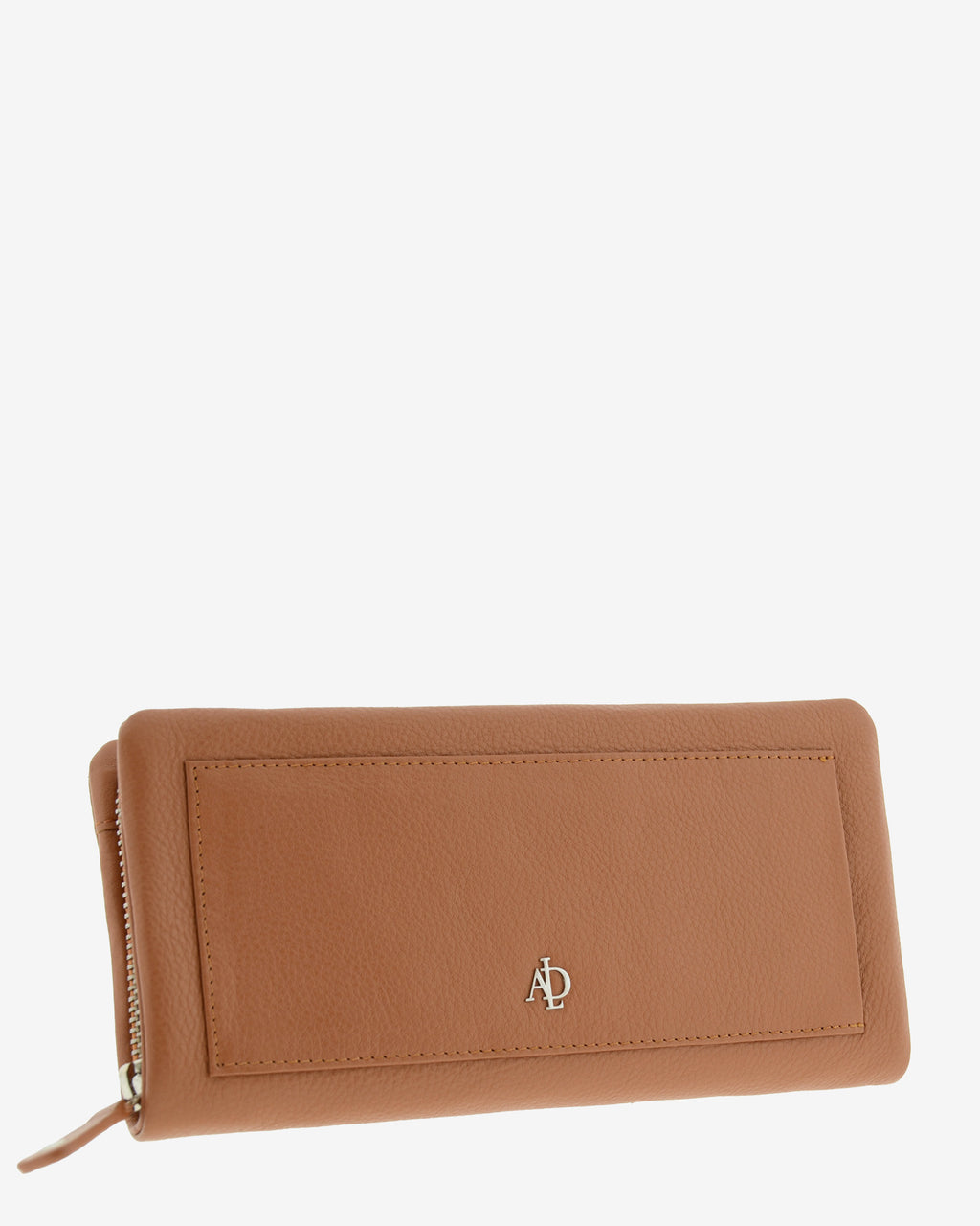Cartera de mujer grande, compacta con cremallera, de piel genuina en color marron. Ref. 4235-2. Vista diagonal frontal