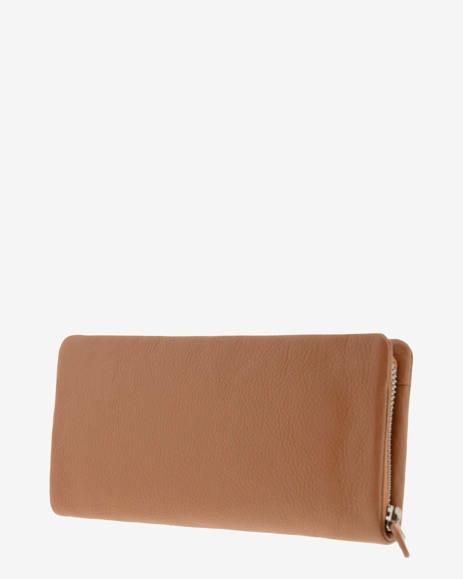 Cartera de mujer grande, compacta con cremallera, de piel genuina en color marron. Ref. 4235-2. Vista diagonal trasera