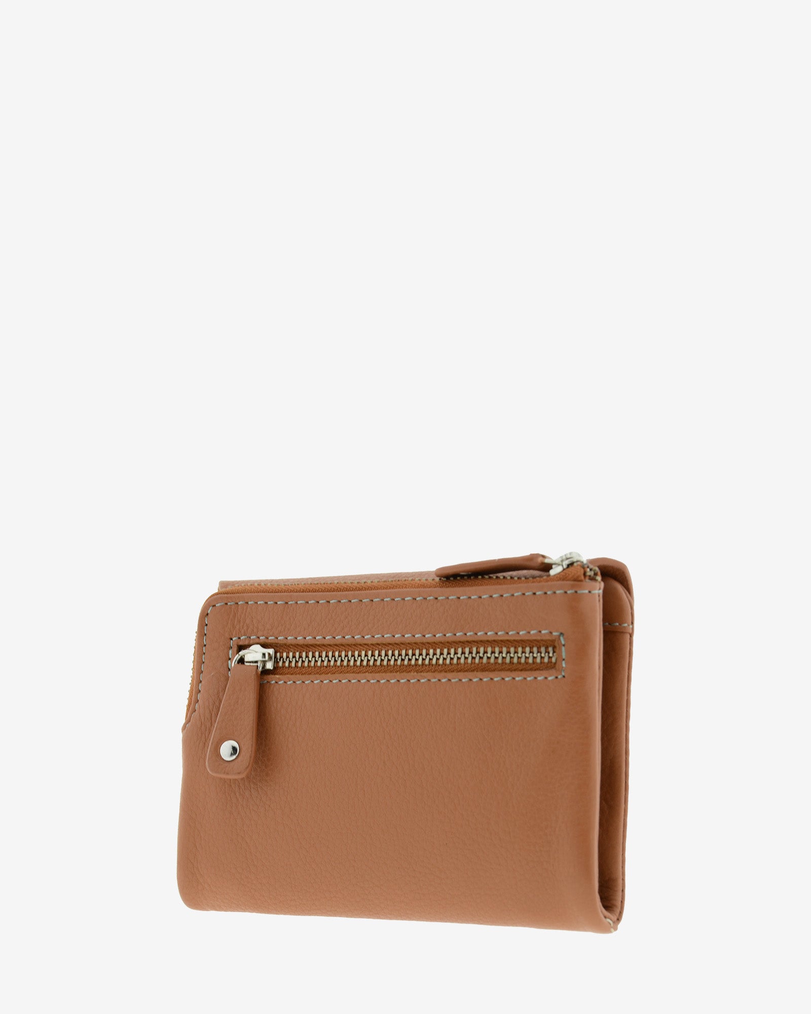 Cartera de mujer pequena en piel autentica de color marron claro, con forma de sobre con logo Adapell. Ref. 4236-2. Vista trasera con doble cremallera.