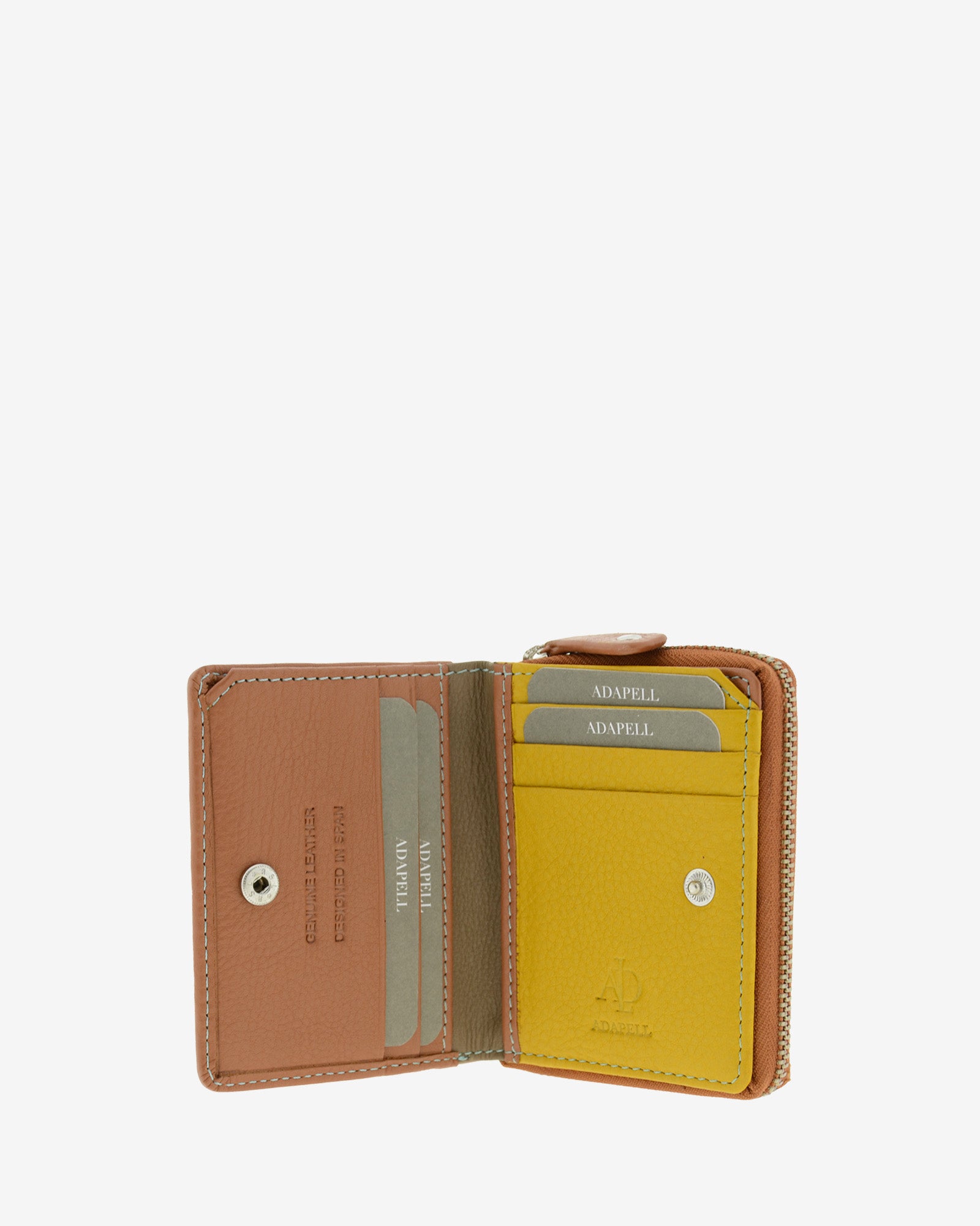 Cartera pequena compacta de mujer en piel autentica de color marron. Ref. 4238-2. Vista interior multicolor con compartimentos tarjetas y billetes.