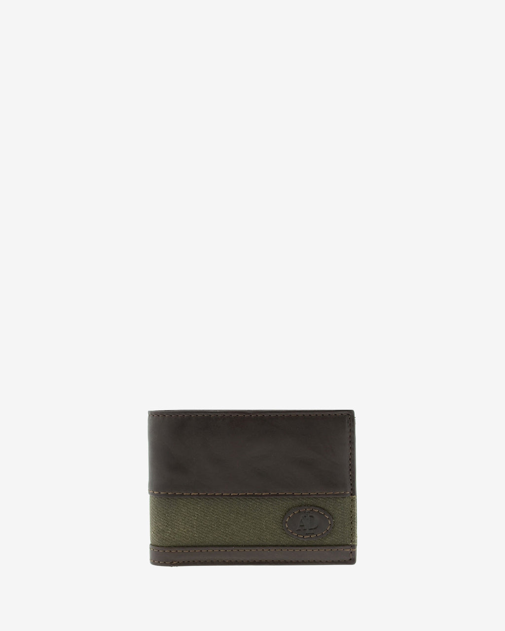 Cartera de piel marron con franja de canvas y logo Adapell, vista frontal, referencia 1620-2