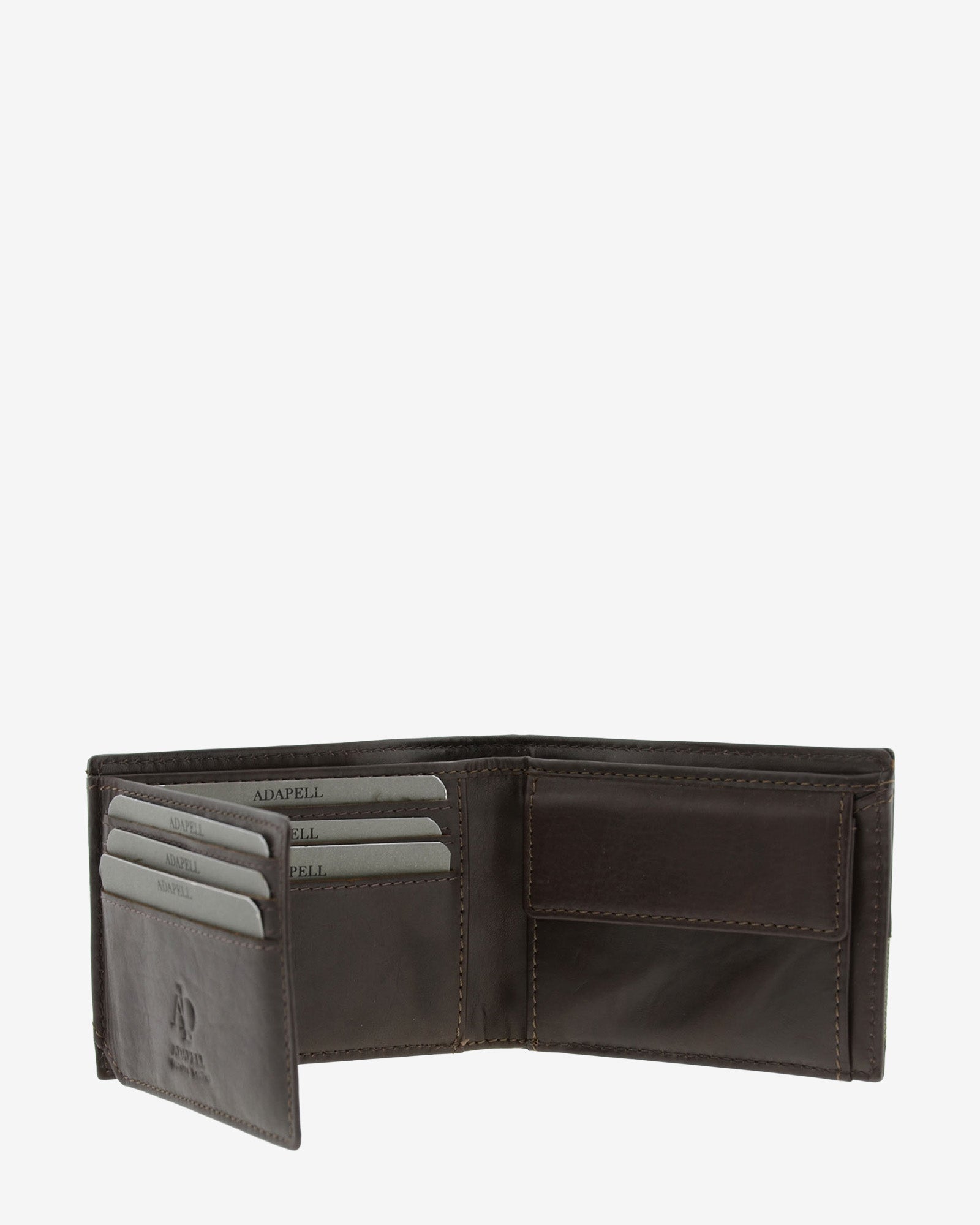 Cartera de piel marron abierta en ángulo mostrando ranuras para tarjetas y monedero interior, referencia 1620
