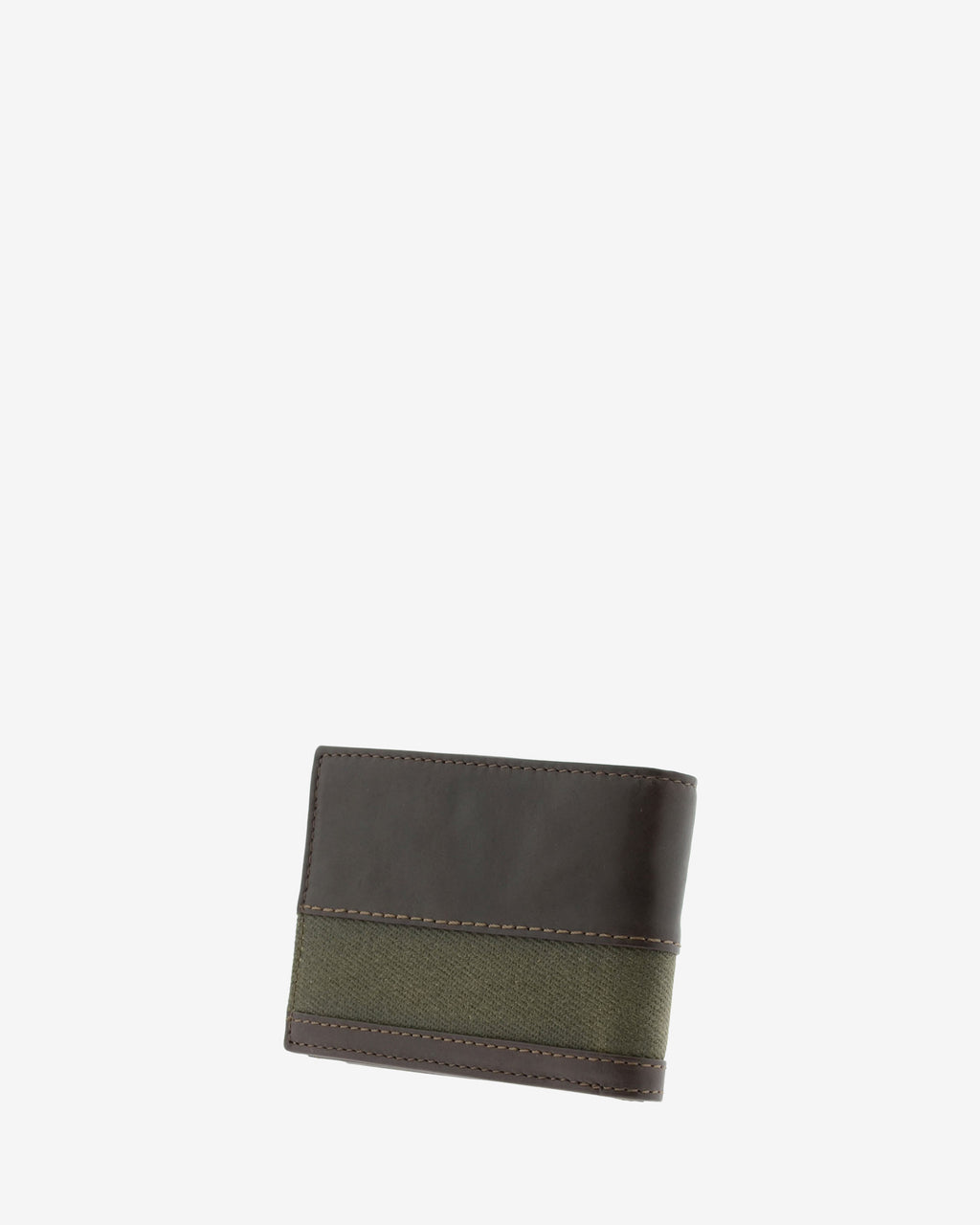 Cartera de piel marron con franja de canvas, cerrada en ángulo, vista trasera, referencia 1620