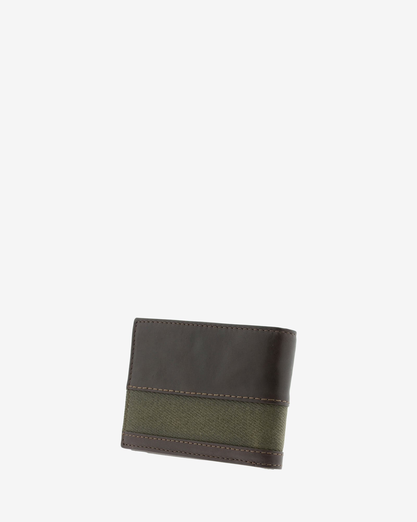 Cartera de piel marron con franja de canvas, cerrada en ángulo, vista trasera, referencia 1620