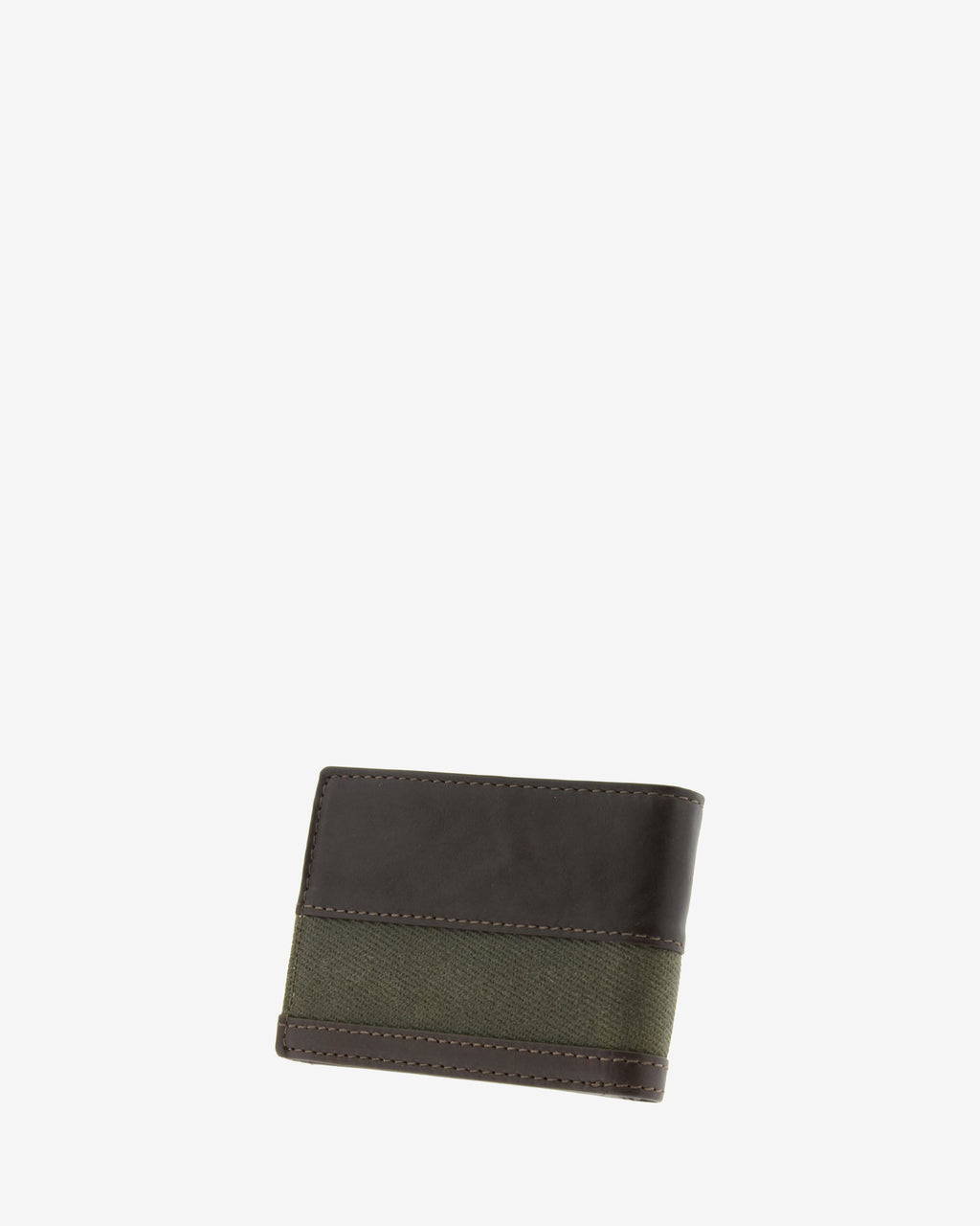 Cartera de piel marron con franja de canvas, cerrada en ángulo, vista trasera, referencia 1621
