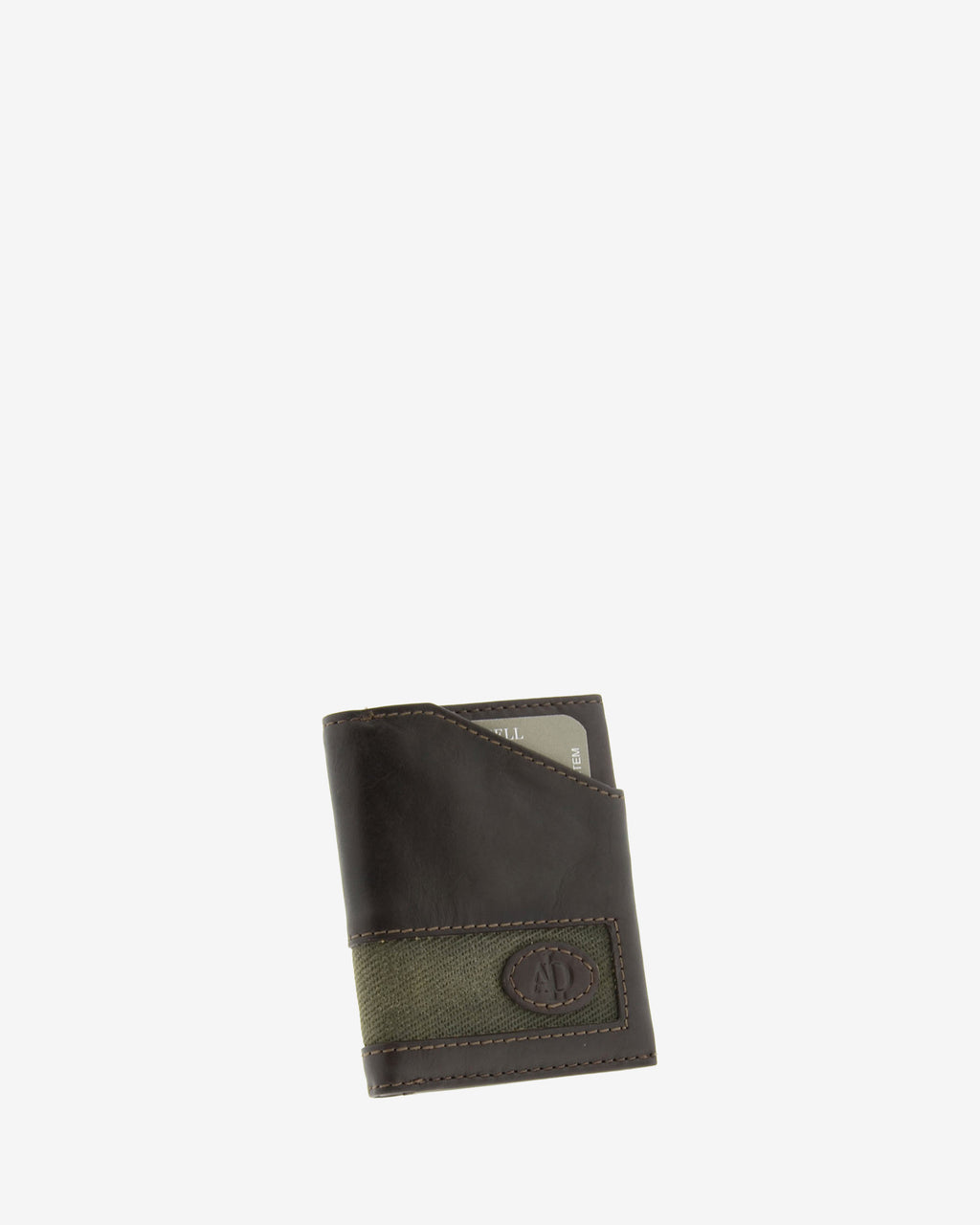 Cartera de piel marron con franja de canvas y tarjeta visible, cerrada en ángulo, vista frontal, referencia 1622