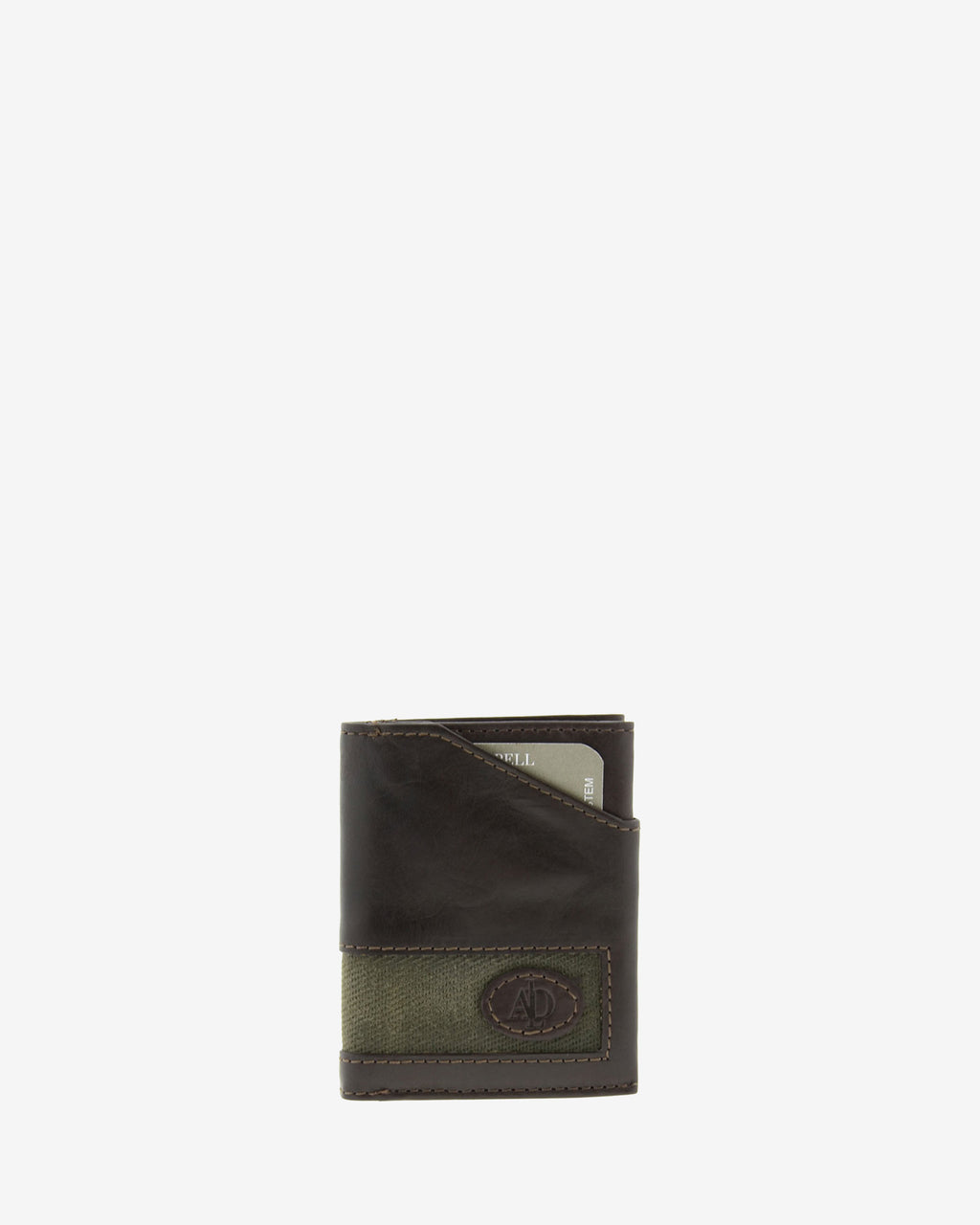 Cartera de piel marron con franja de canvas y tarjeta visible en ventana RFID, vista frontal, referencia 1622