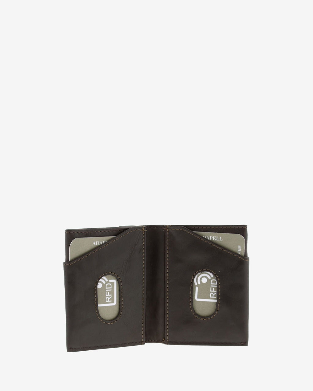 Cartera de piel marron abierta mostrando los dos bolsillos con ventana RFID para tarjetas, referencia 1622