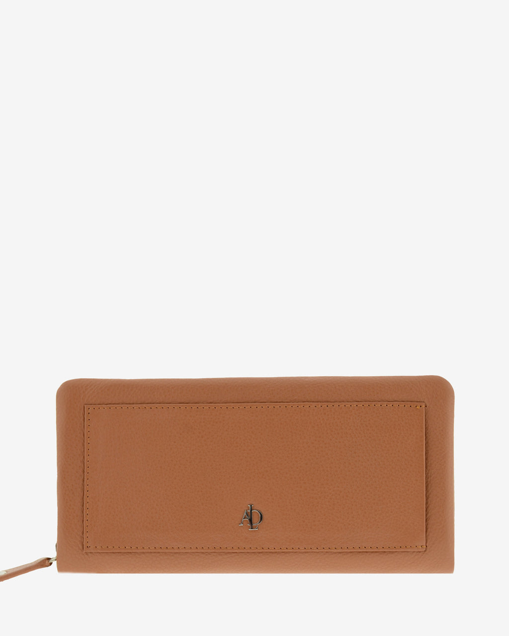 Cartera grande en piel napa marrón con panel frontal y cierre de cremallera, vista frontal, 4235-2