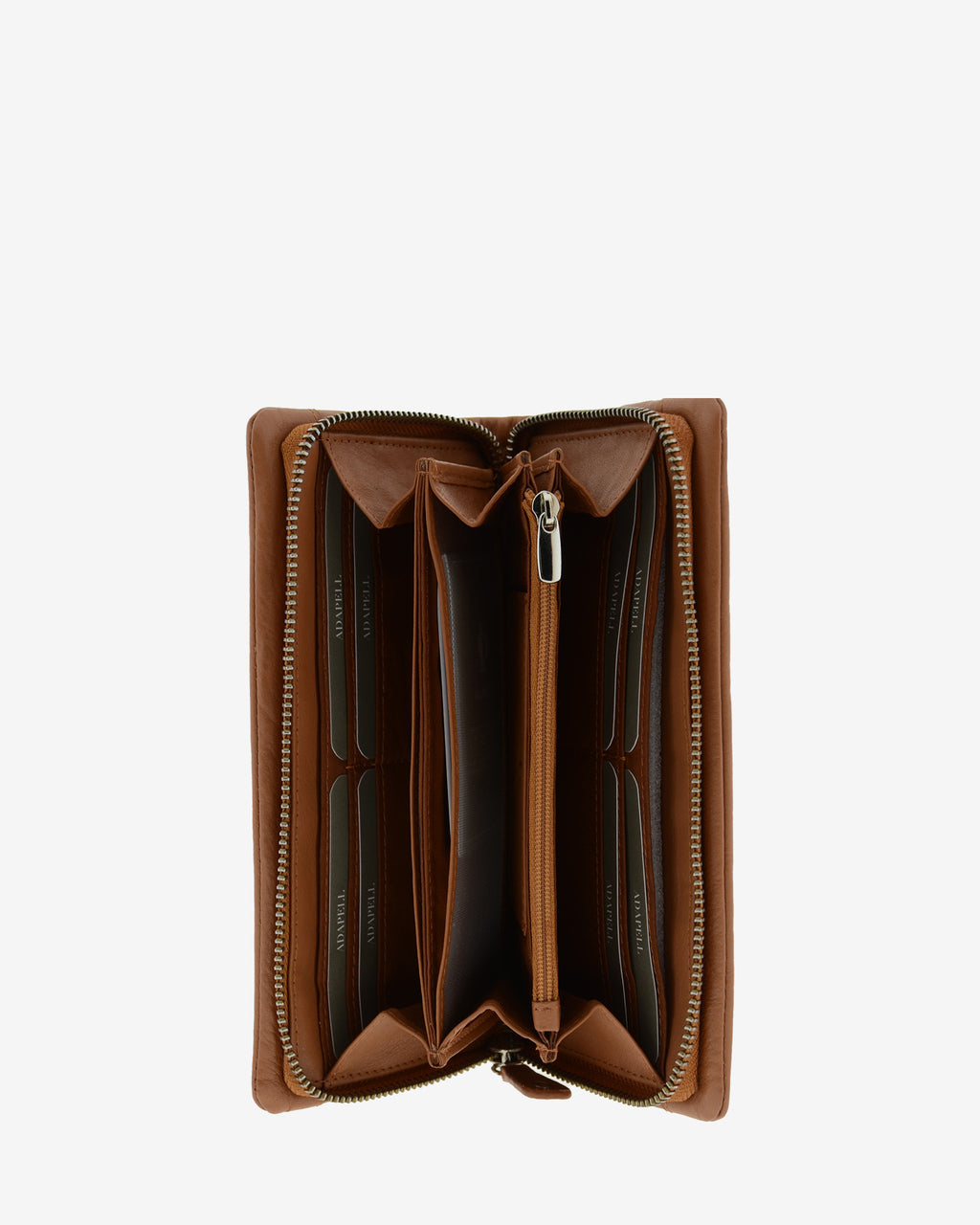 Cartera en piel napa marrón abierta con ranuras para tarjetas y compartimentos interiores, vista interior, 4235