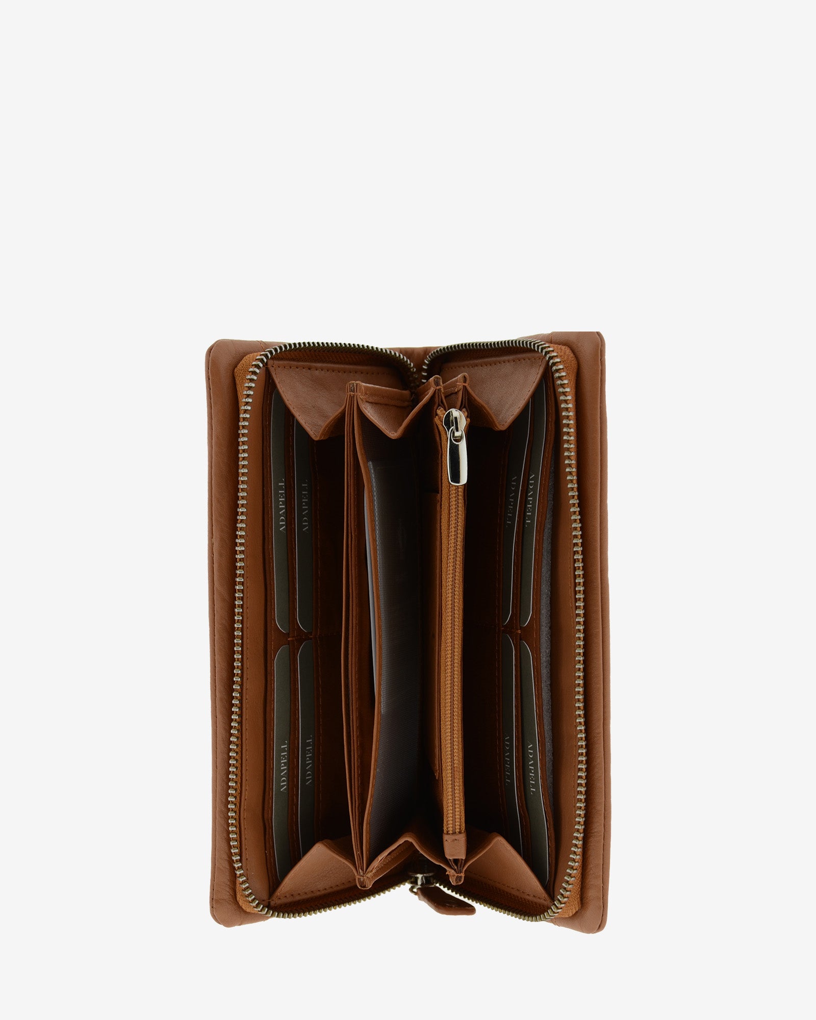 Cartera en piel napa marrón abierta con ranuras para tarjetas y compartimentos interiores, vista interior, 4235