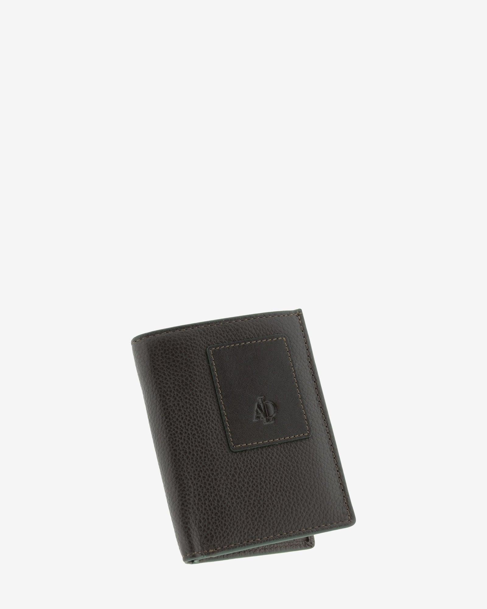Cartera de piel marron con RFID cerrada en ángulo, vista frontal con logo, ref. 1660-2