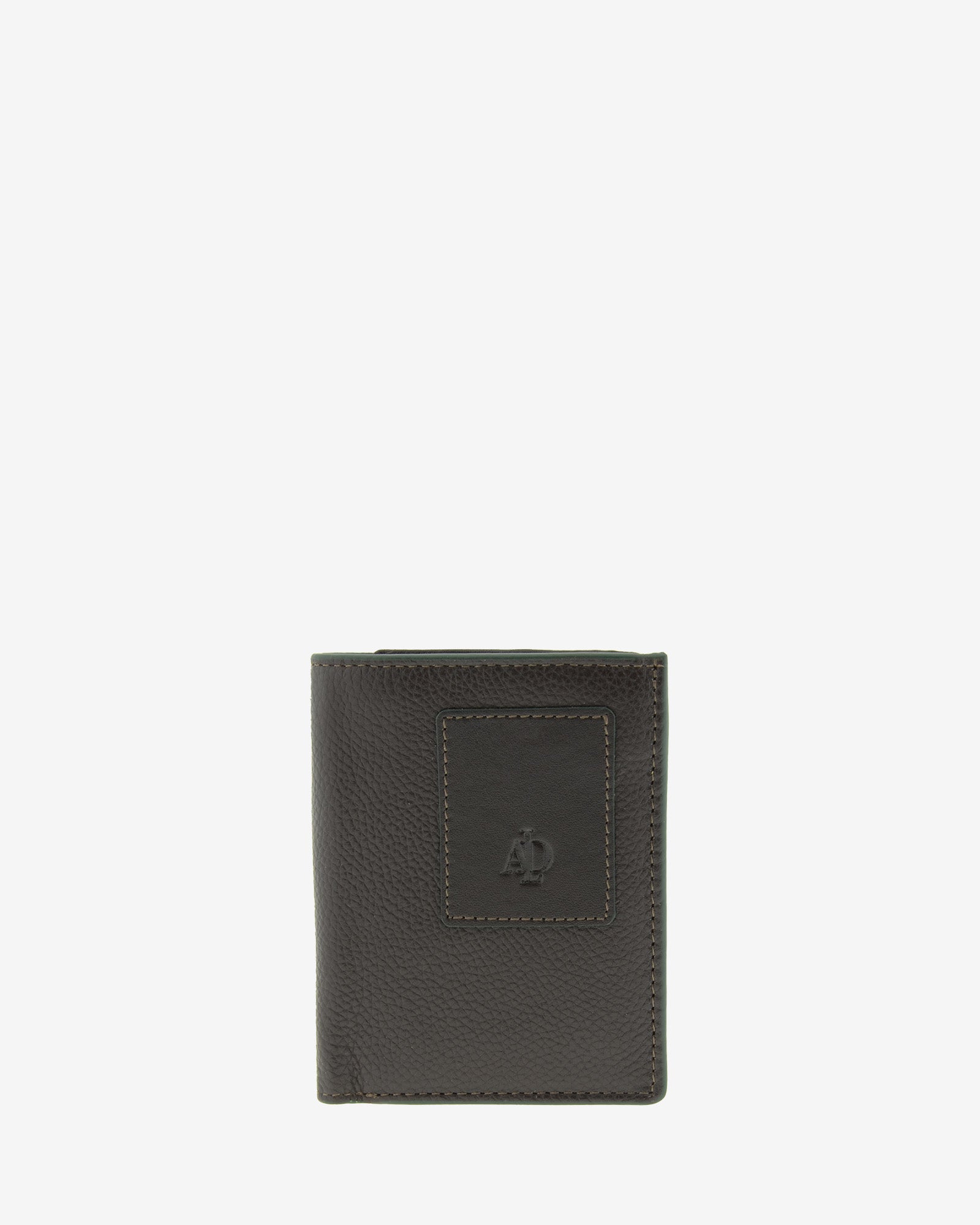 Cartera de piel marron con RFID cerrada, vista frontal con logo, ref. 1660-2