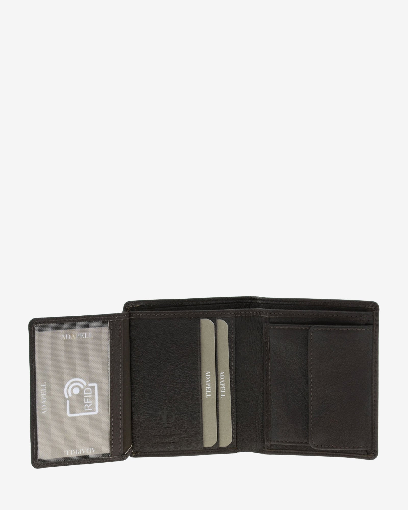 Cartera de piel marron abierta mostrando el interior con protección RFID, ranuras para tarjetas y monedero, modelo 1651.