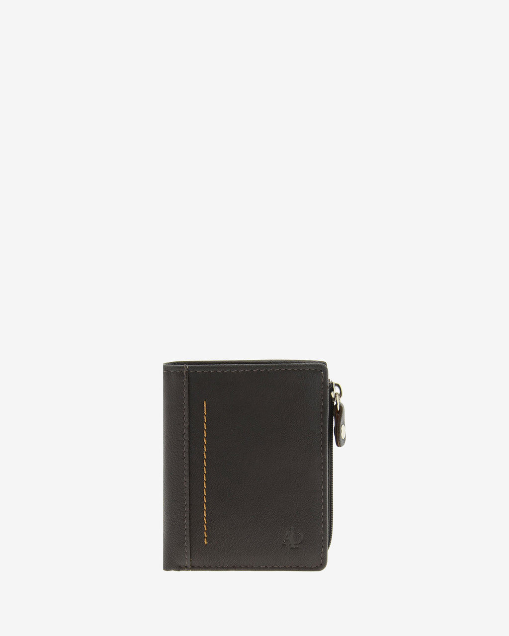 Cartera de piel marron con pespunte en contraste y monedero exterior con cremallera, vista frontal, 1659-2