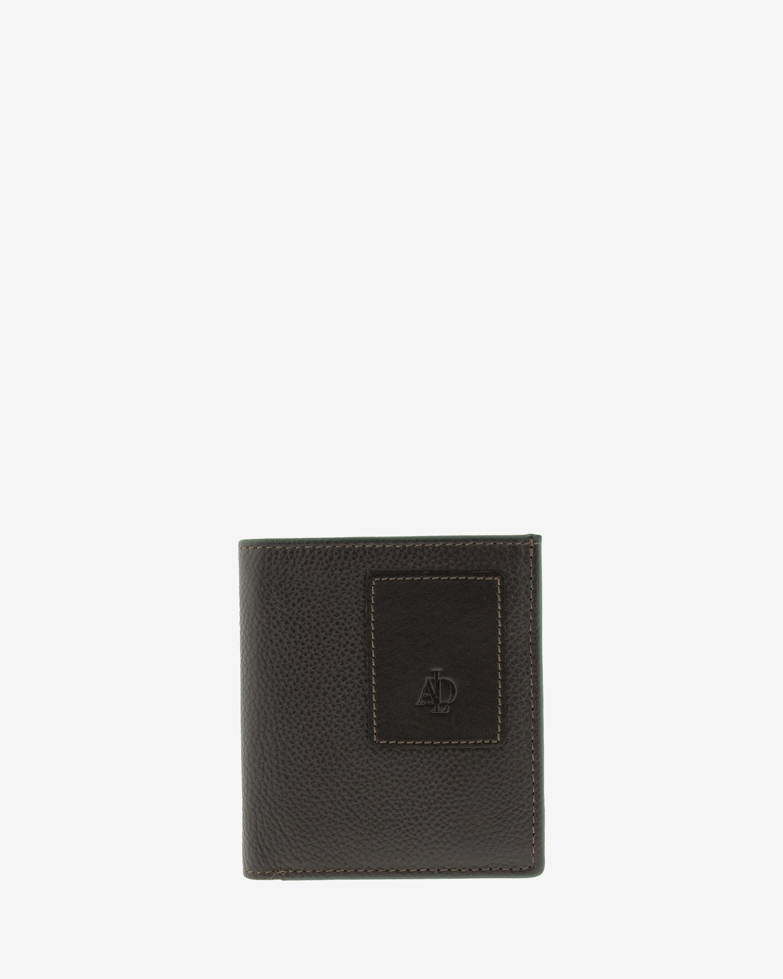 Cartera de piel marron con RFID y monedero cerrada , vista frontal con logo, ref. 1661-2