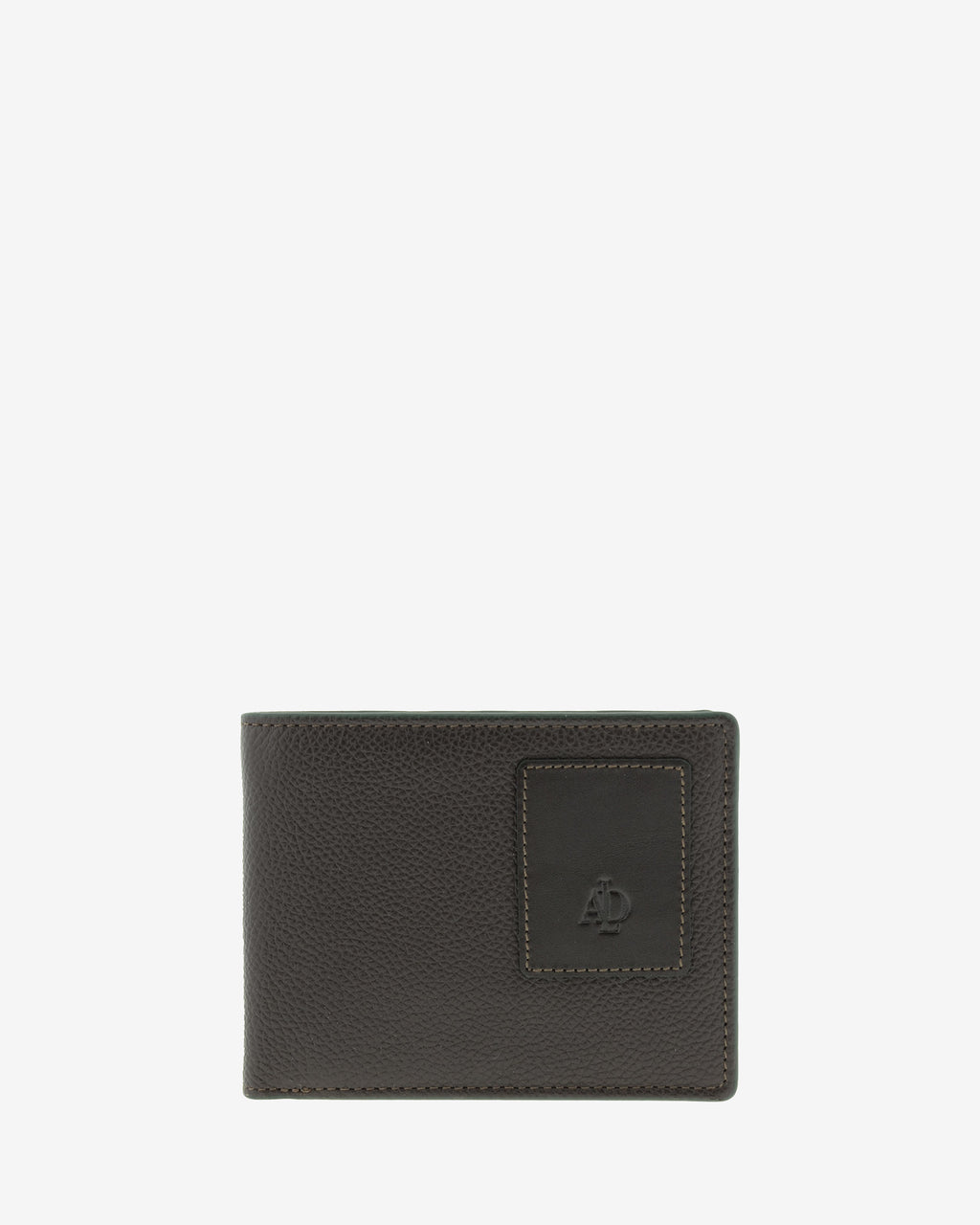 Cartera de piel marron con RFID y monedero cerrada, vista frontal con logo, ref. 1662-2